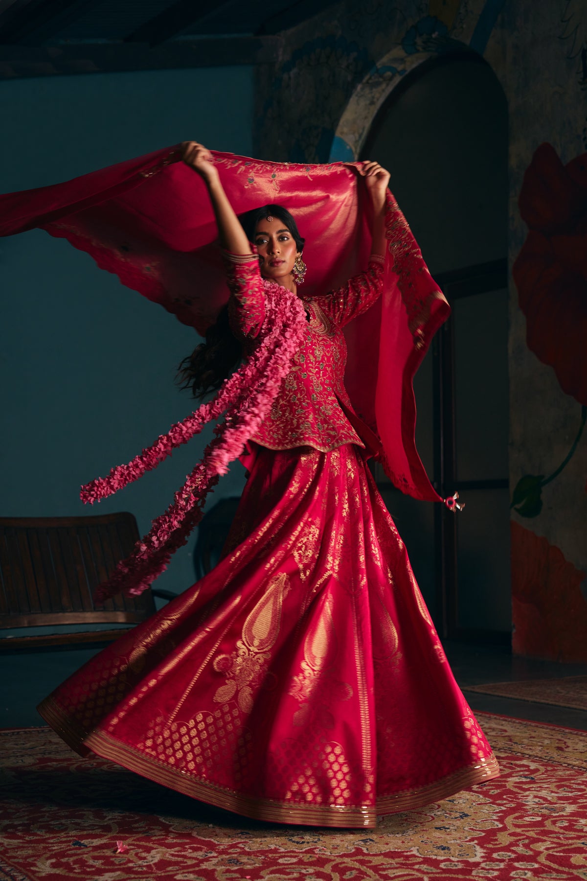 Hot Pink Banarasi Silk Lehenga Set with Zardozi Embroidered Peplum Top - Mokshaa