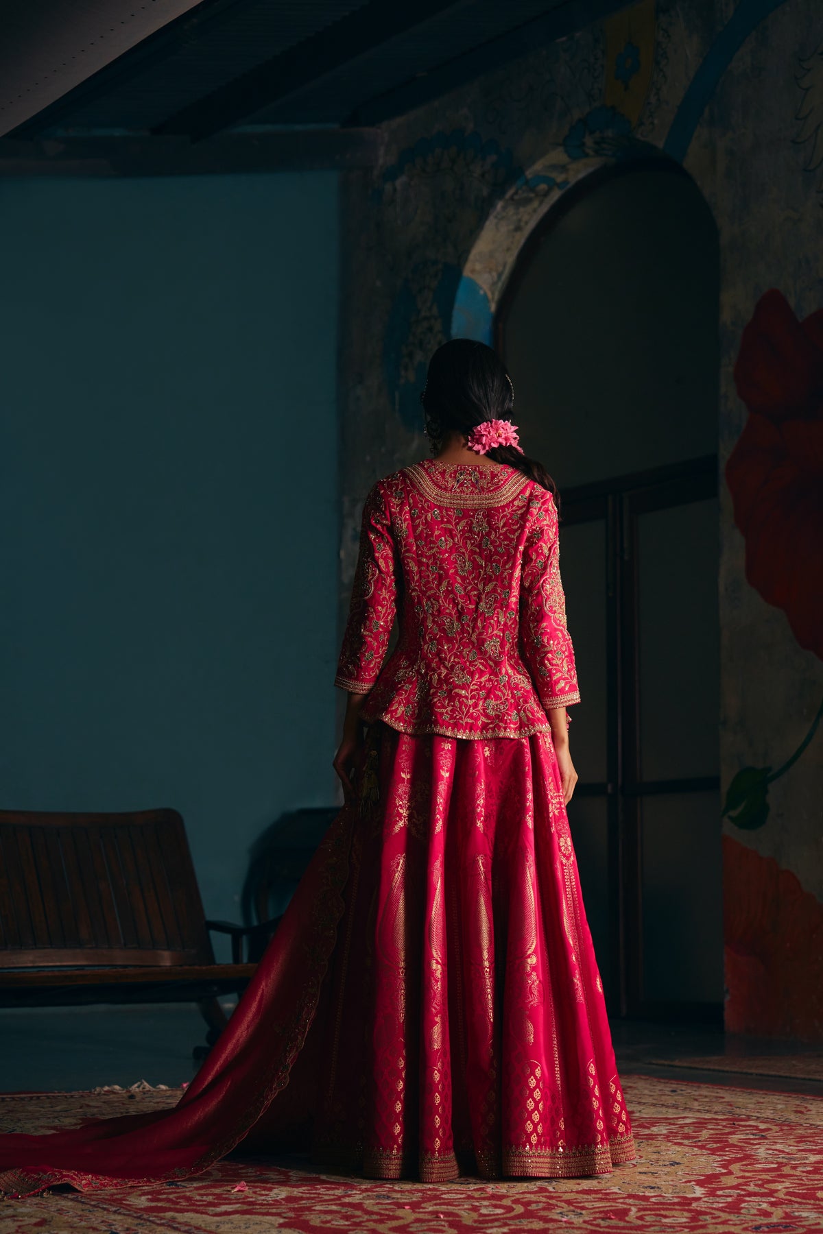 Hot Pink Banarasi Silk Lehenga Set with Zardozi Embroidered Peplum Top - Mokshaa