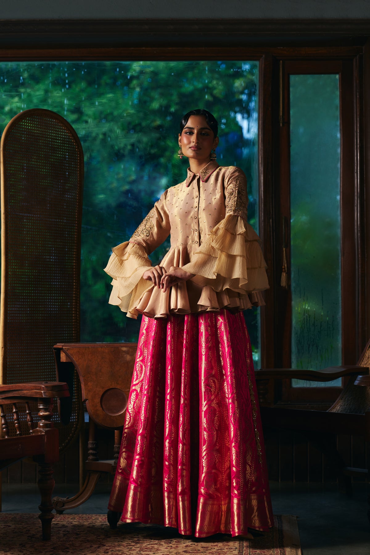 Champagne Gold Tissue Peplum Shirt with Magenta Banarasi Lehenga - Mokshaa