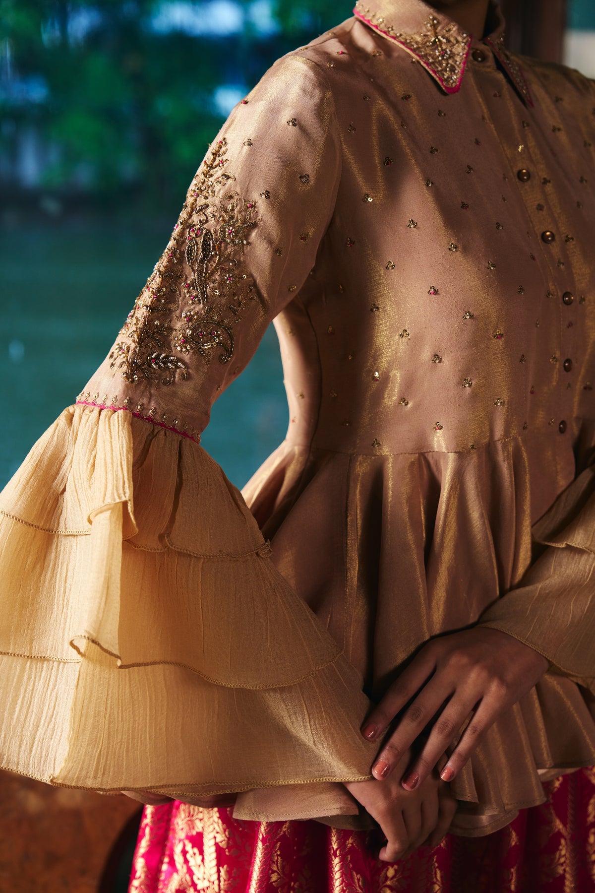 Champagne Gold Tissue Peplum Shirt with Magenta Banarasi Lehenga - Mokshaa