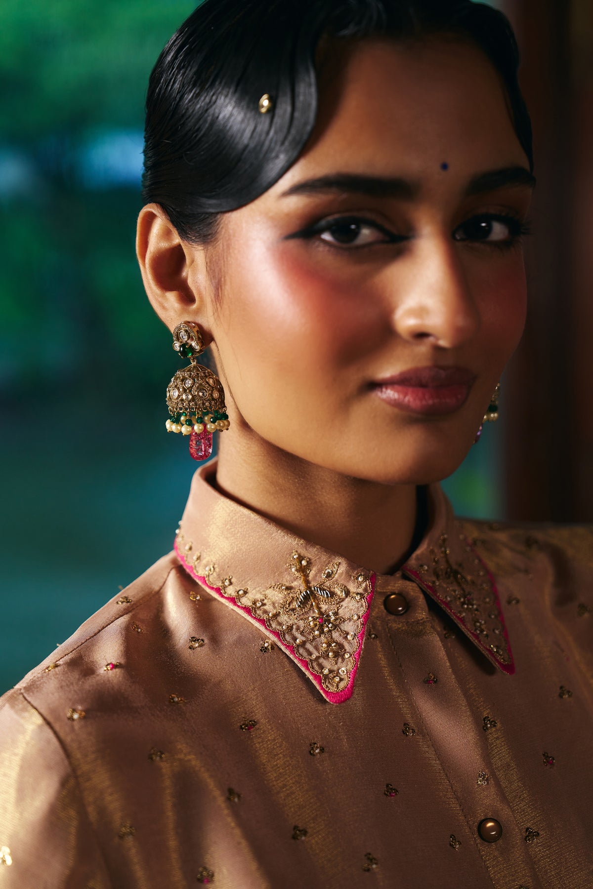 Champagne Gold Tissue Peplum Shirt with Magenta Banarasi Lehenga - Mokshaa