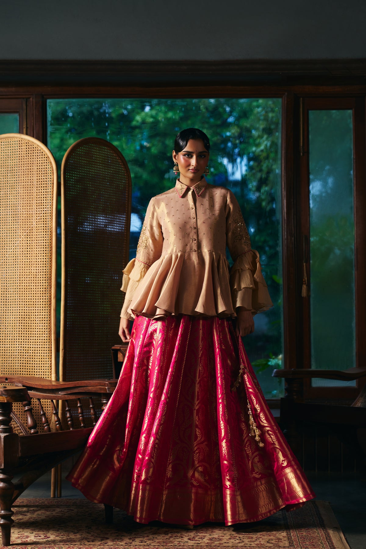 Champagne Gold Tissue Peplum Shirt with Magenta Banarasi Lehenga - Mokshaa