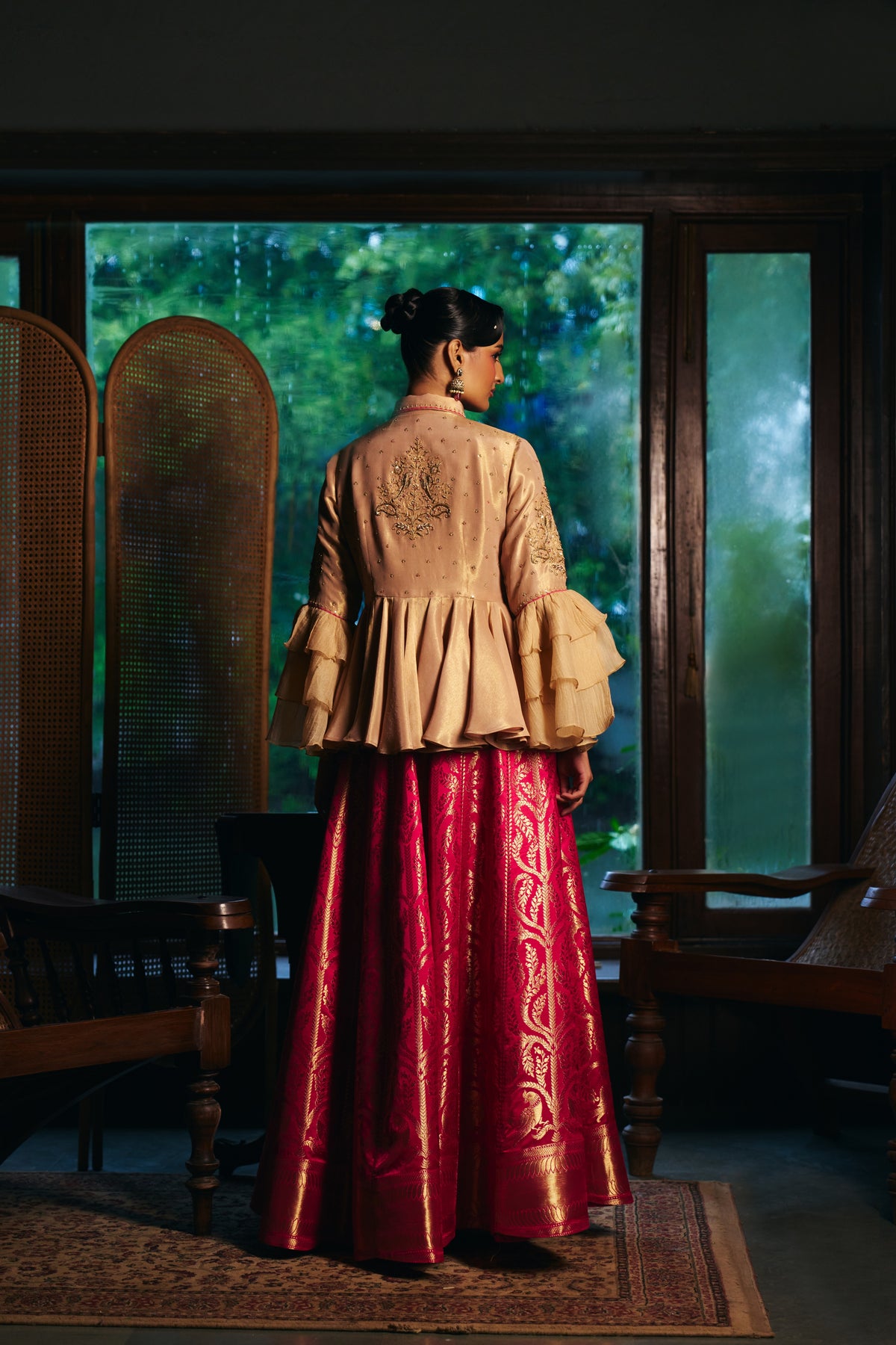 Champagne Gold Tissue Peplum Shirt with Magenta Banarasi Lehenga - Mokshaa