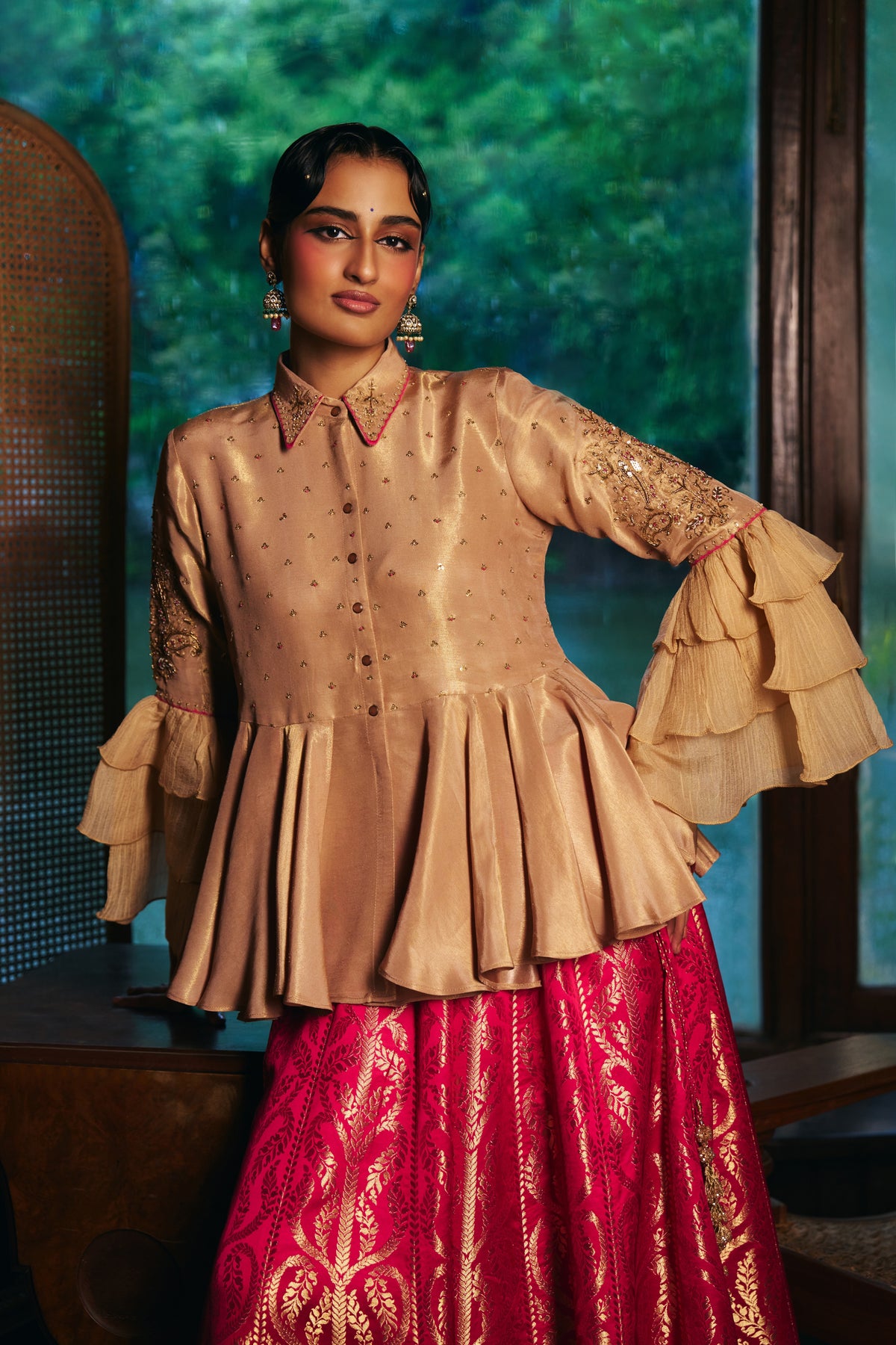 Champagne Gold Tissue Peplum Shirt with Magenta Banarasi Lehenga - Mokshaa