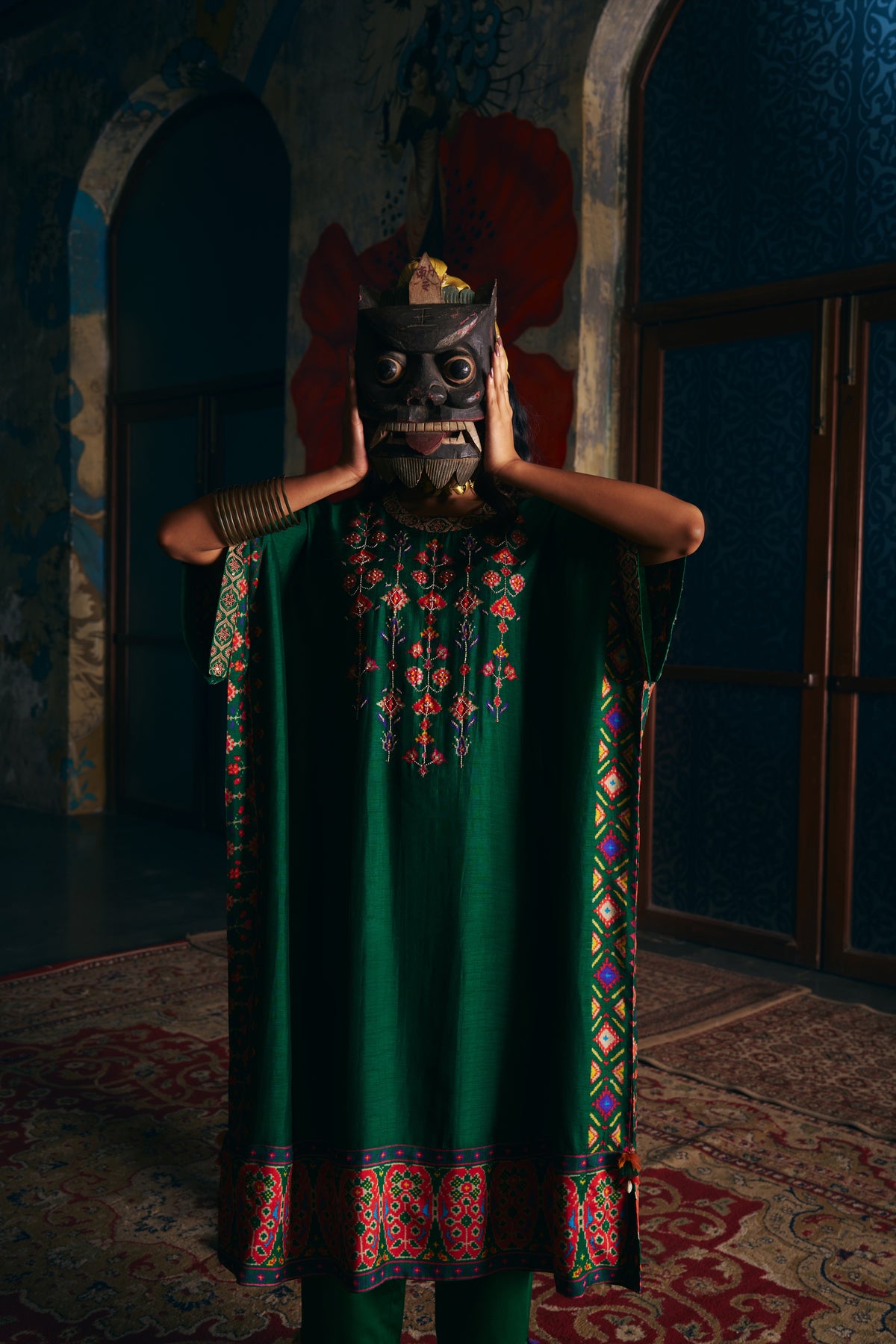 Emerald Green Silk Kaftan Kurta Set with Patola Print Border and Pants - Mokshaa
