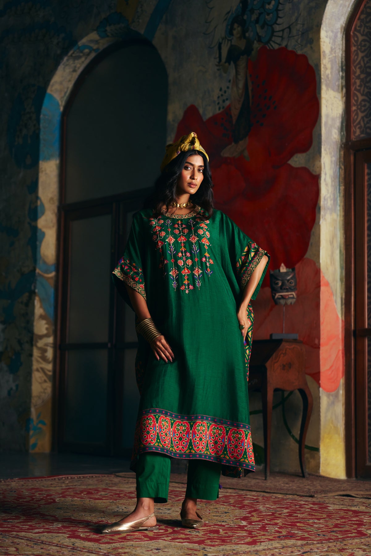 Emerald Green Silk Kaftan Kurta Set with Patola Print Border and Pants - Mokshaa