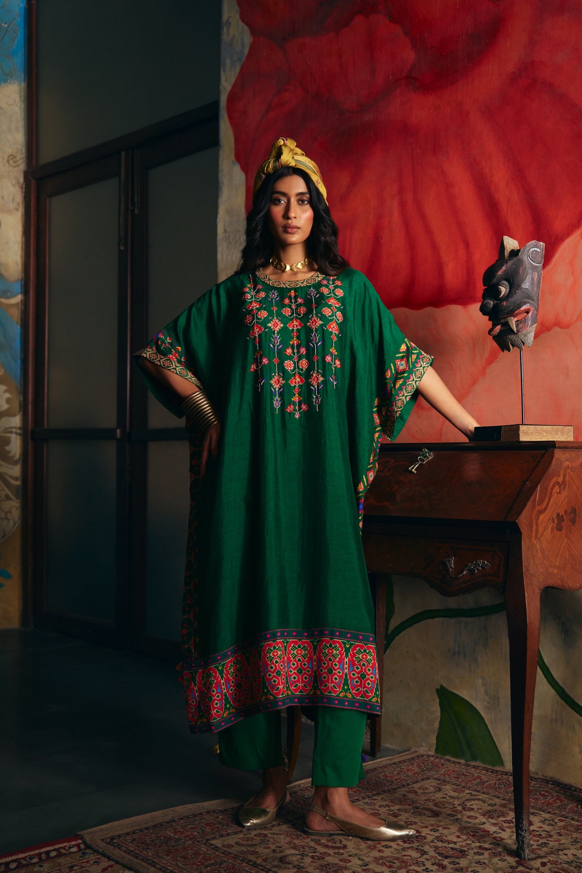Emerald Green Silk Kaftan Kurta Set with Patola Print Border and Pants - Mokshaa