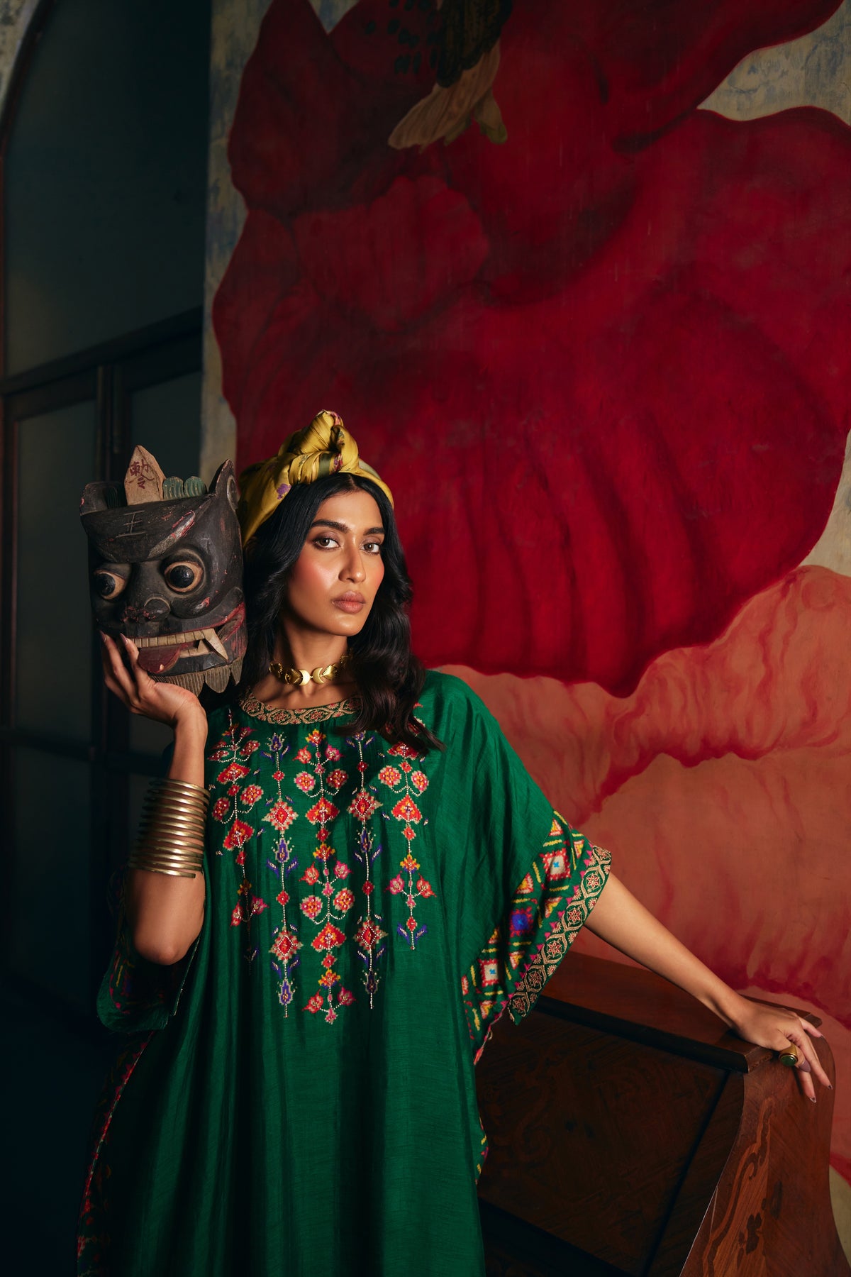 Emerald Green Silk Kaftan Kurta Set with Patola Print Border and Pants - Mokshaa
