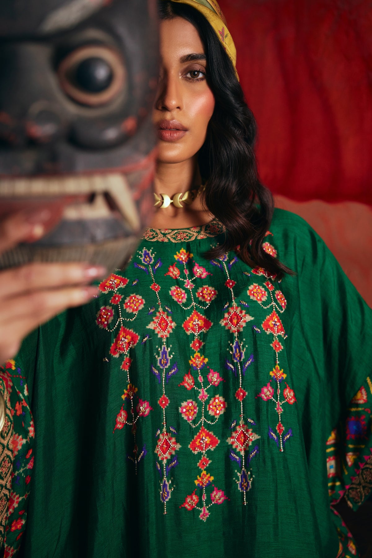 Emerald Green Silk Kaftan Kurta Set with Patola Print Border and Pants - Mokshaa