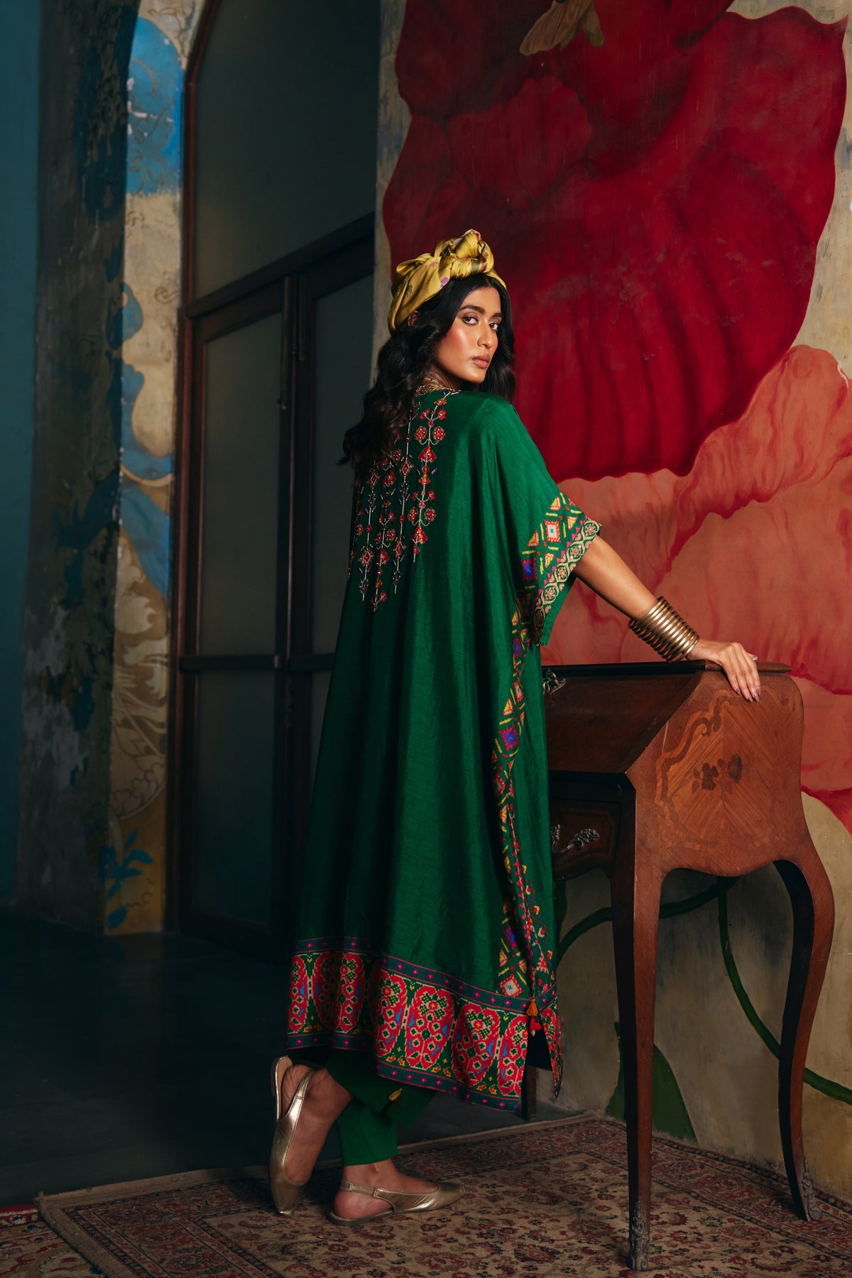 Emerald Green Silk Kaftan Kurta Set with Patola Print Border and Pants - Mokshaa