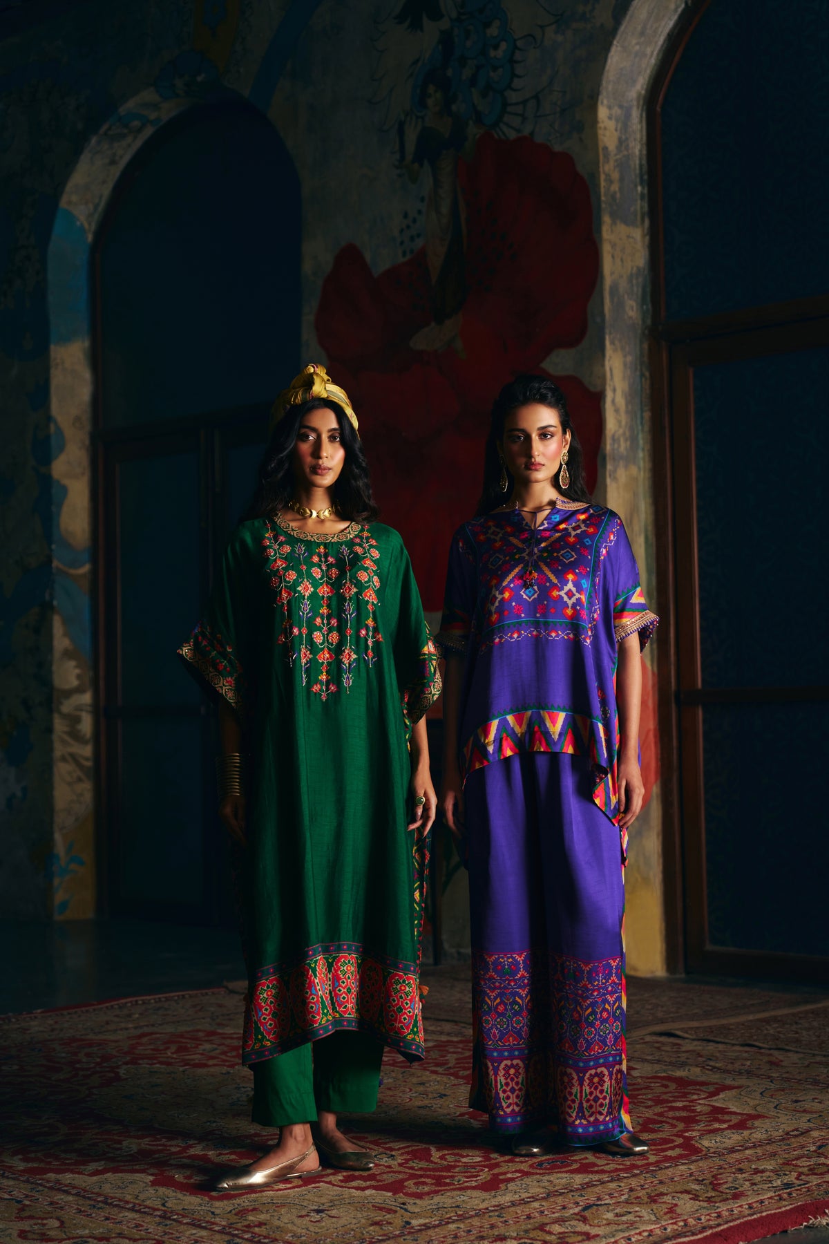 Royal Blue Silk Kaftan Co-ord Set with Patola Print and Wide-Leg Pants - Mokshaa