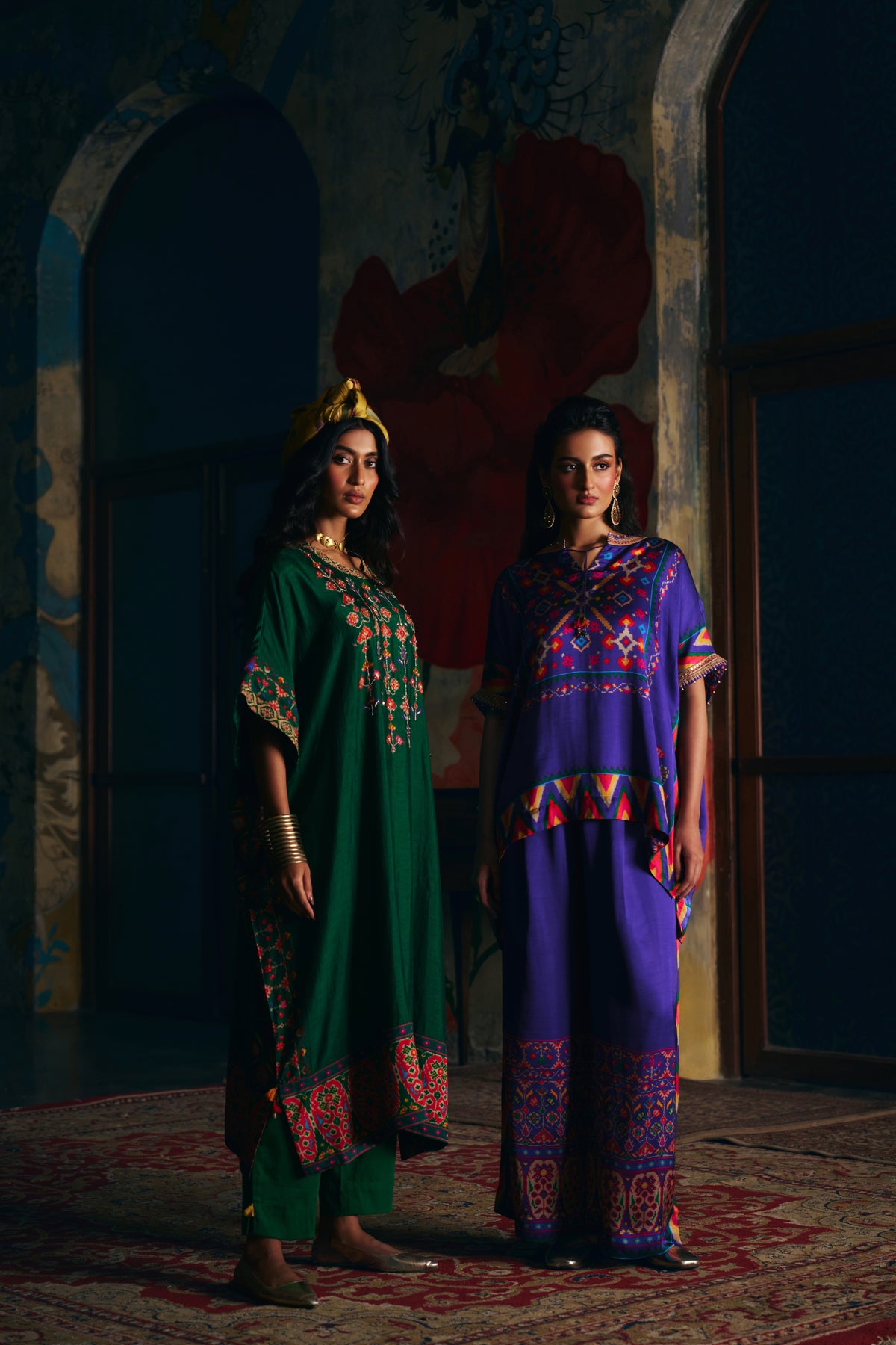 Royal Blue Silk Kaftan Co-ord Set with Patola Print and Wide-Leg Pants - Mokshaa