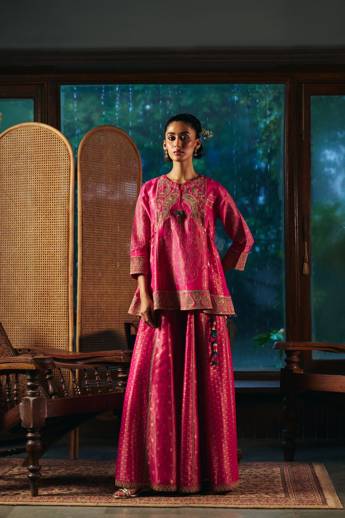 Fuchsia Pink Banarasi Tissue Kurta Set with Zardozi Paisley Embroidery and Sharara - Mokshaa