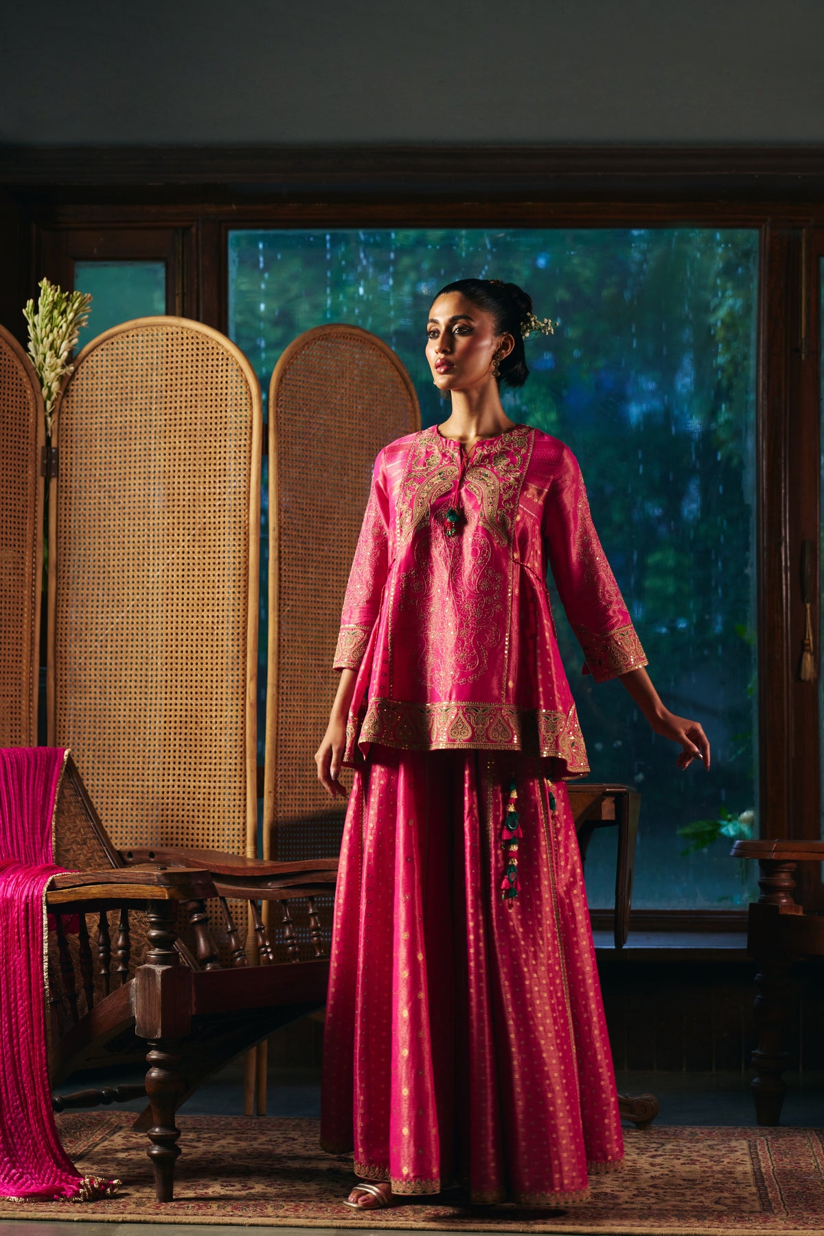 Fuchsia Pink Banarasi Tissue Kurta Set with Zardozi Paisley Embroidery and Sharara - Mokshaa