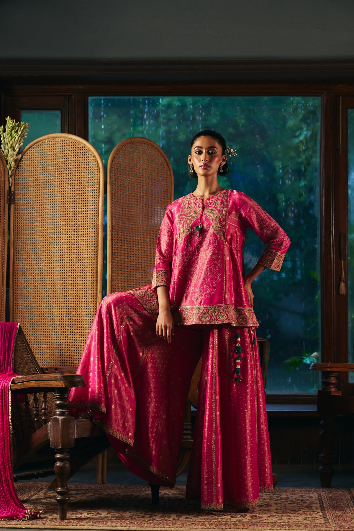 Fuchsia Pink Banarasi Tissue Kurta Set with Zardozi Paisley Embroidery and Sharara - Mokshaa