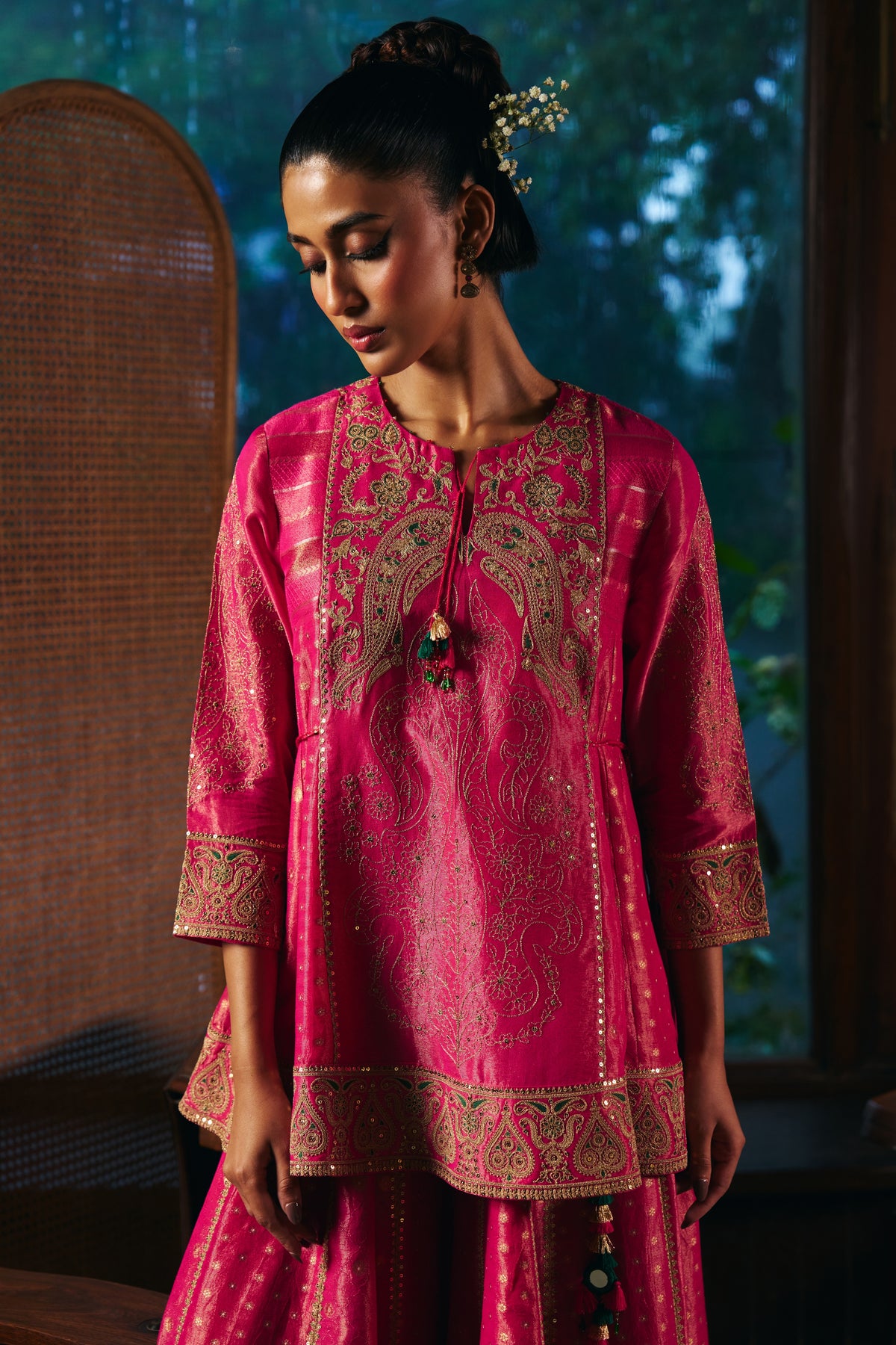 Fuchsia Pink Banarasi Tissue Kurta Set with Zardozi Paisley Embroidery and Sharara - Mokshaa