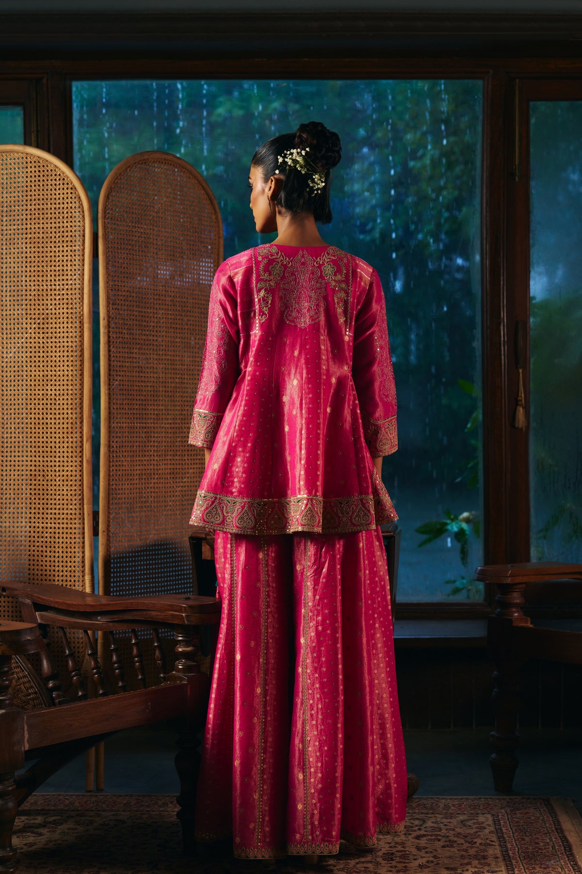 Fuchsia Pink Banarasi Tissue Kurta Set with Zardozi Paisley Embroidery and Sharara - Mokshaa