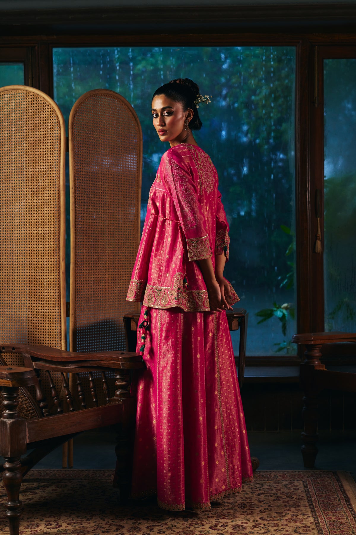 Fuchsia Pink Banarasi Tissue Kurta Set with Zardozi Paisley Embroidery and Sharara - Mokshaa