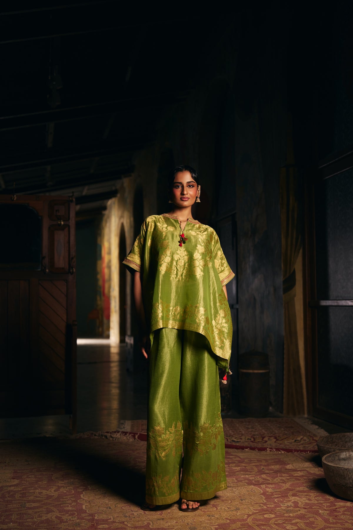 Moss Green Banarasi Tissue Kaftan Set with Wide-Leg Pants - Mokshaa