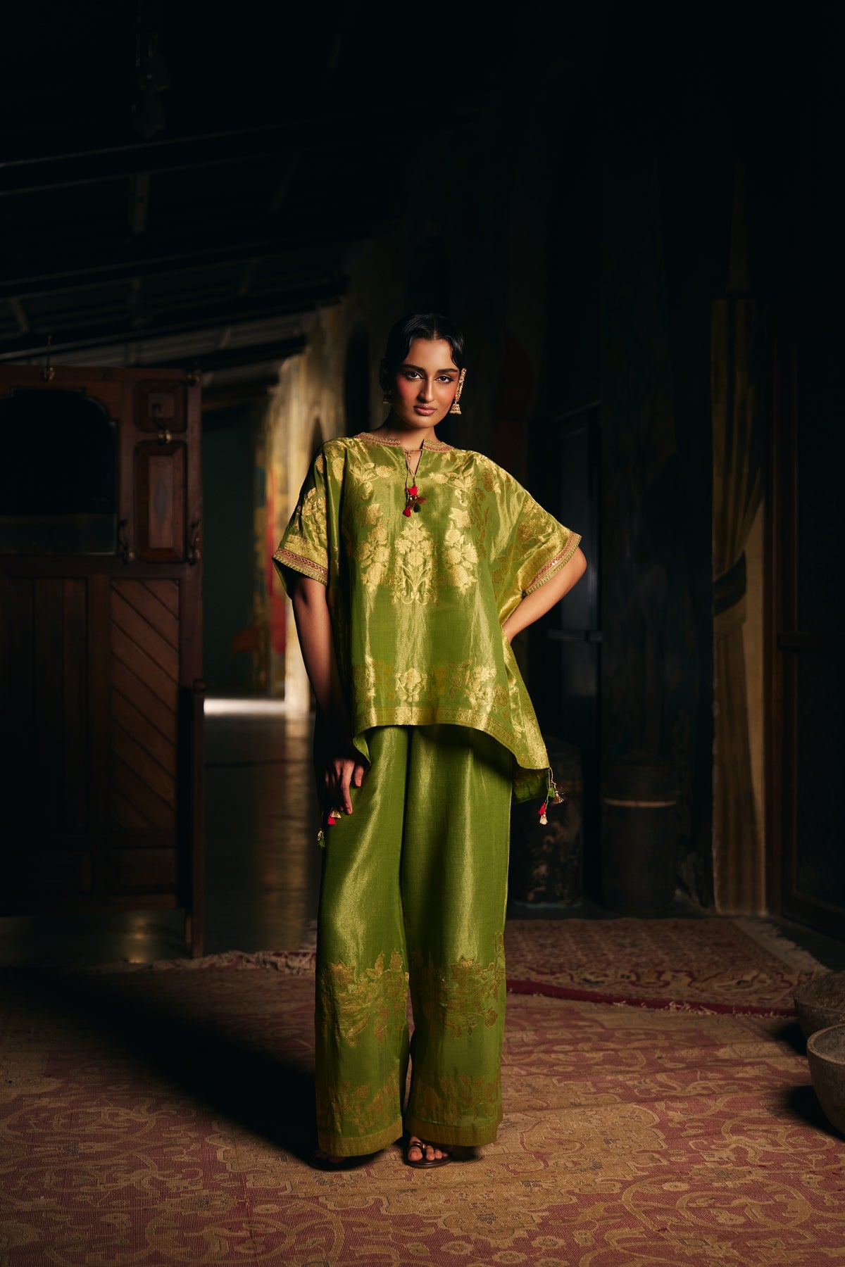Moss Green Banarasi Tissue Kaftan Set with Wide-Leg Pants - Mokshaa