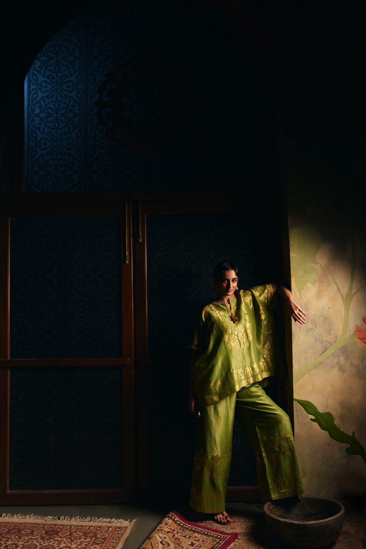 Moss Green Banarasi Tissue Kaftan Set with Wide-Leg Pants - Mokshaa