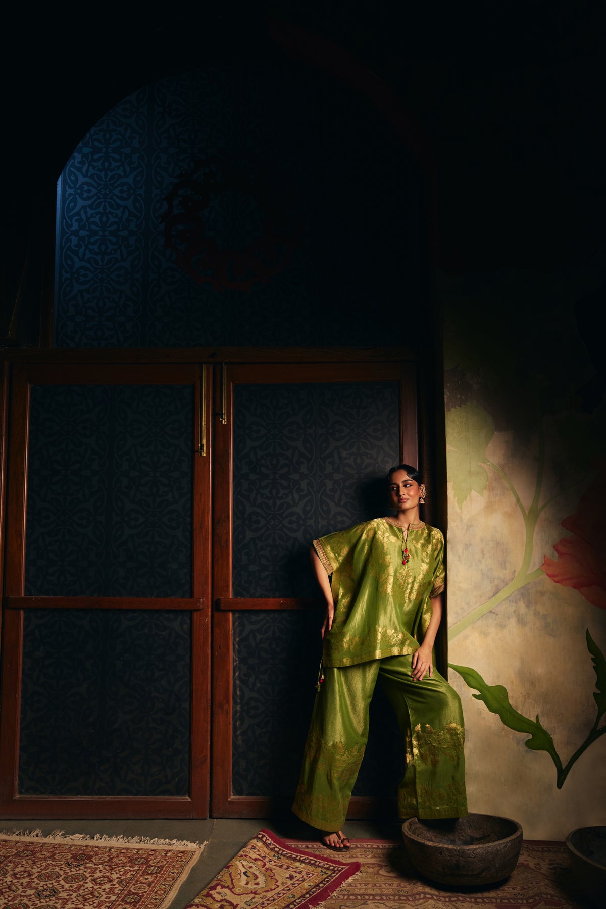 Moss Green Banarasi Tissue Kaftan Set with Wide-Leg Pants - Mokshaa