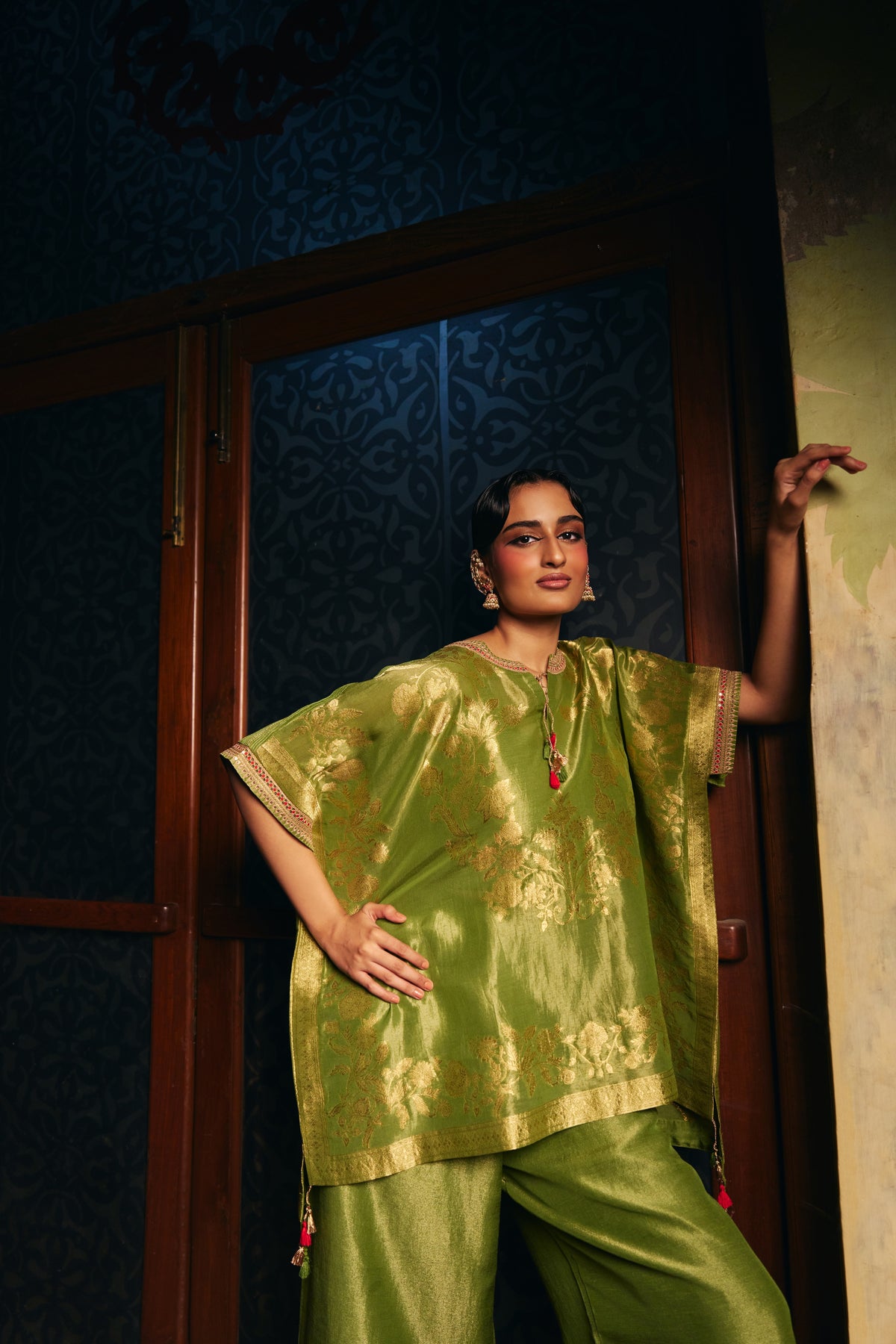 Moss Green Banarasi Tissue Kaftan Set with Wide-Leg Pants - Mokshaa