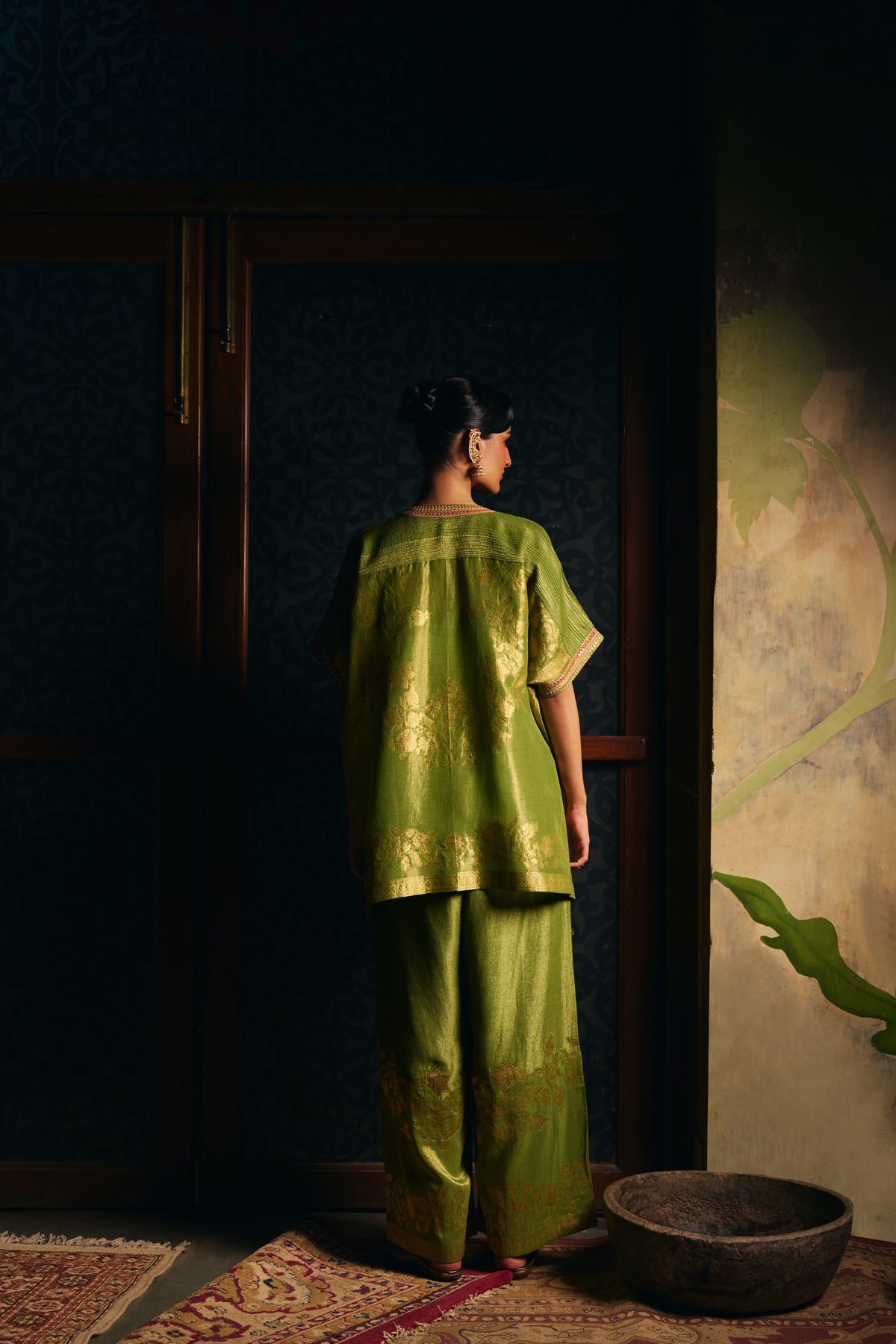 Moss Green Banarasi Tissue Kaftan Set with Wide-Leg Pants - Mokshaa