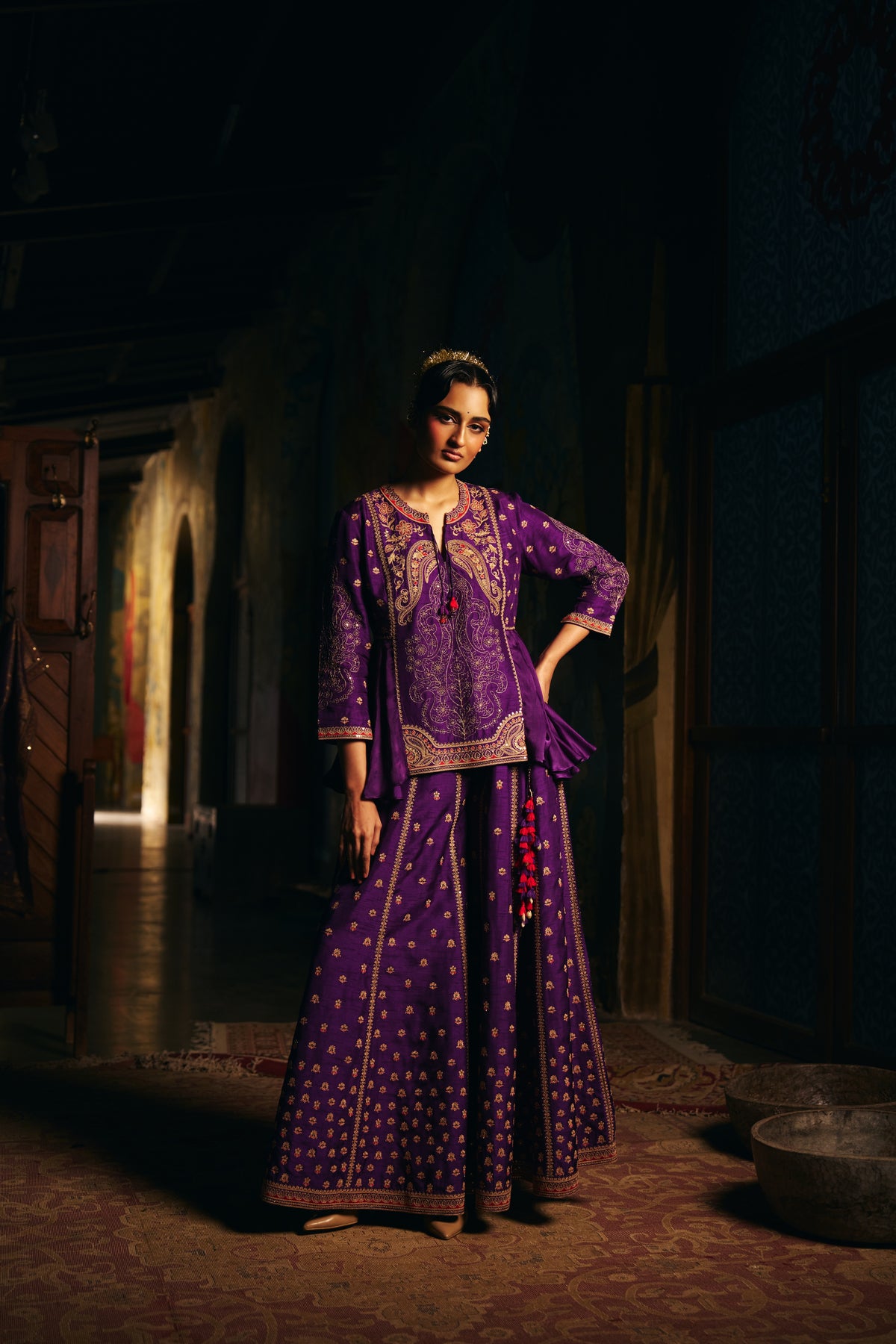 Deep Purple Silk Embroidered Kurta Set with Zardozi Paisley Work and Sharara - Mokshaa