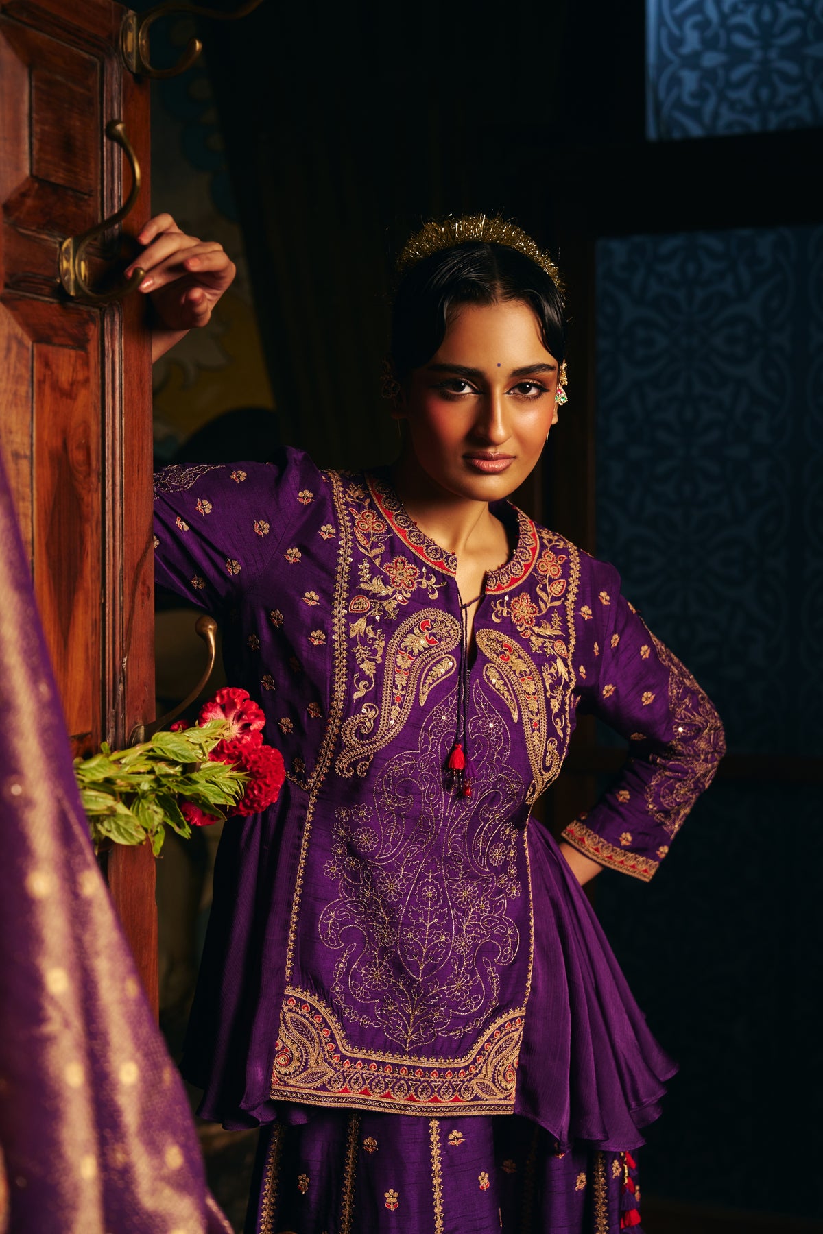 Deep Purple Silk Embroidered Kurta Set with Zardozi Paisley Work and Sharara - Mokshaa
