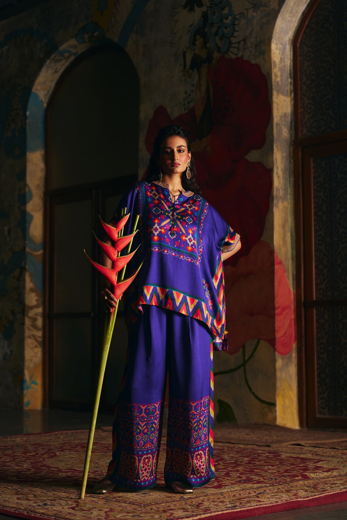 Royal Blue Silk Kaftan Co-ord Set with Patola Print and Wide-Leg Pants - Mokshaa