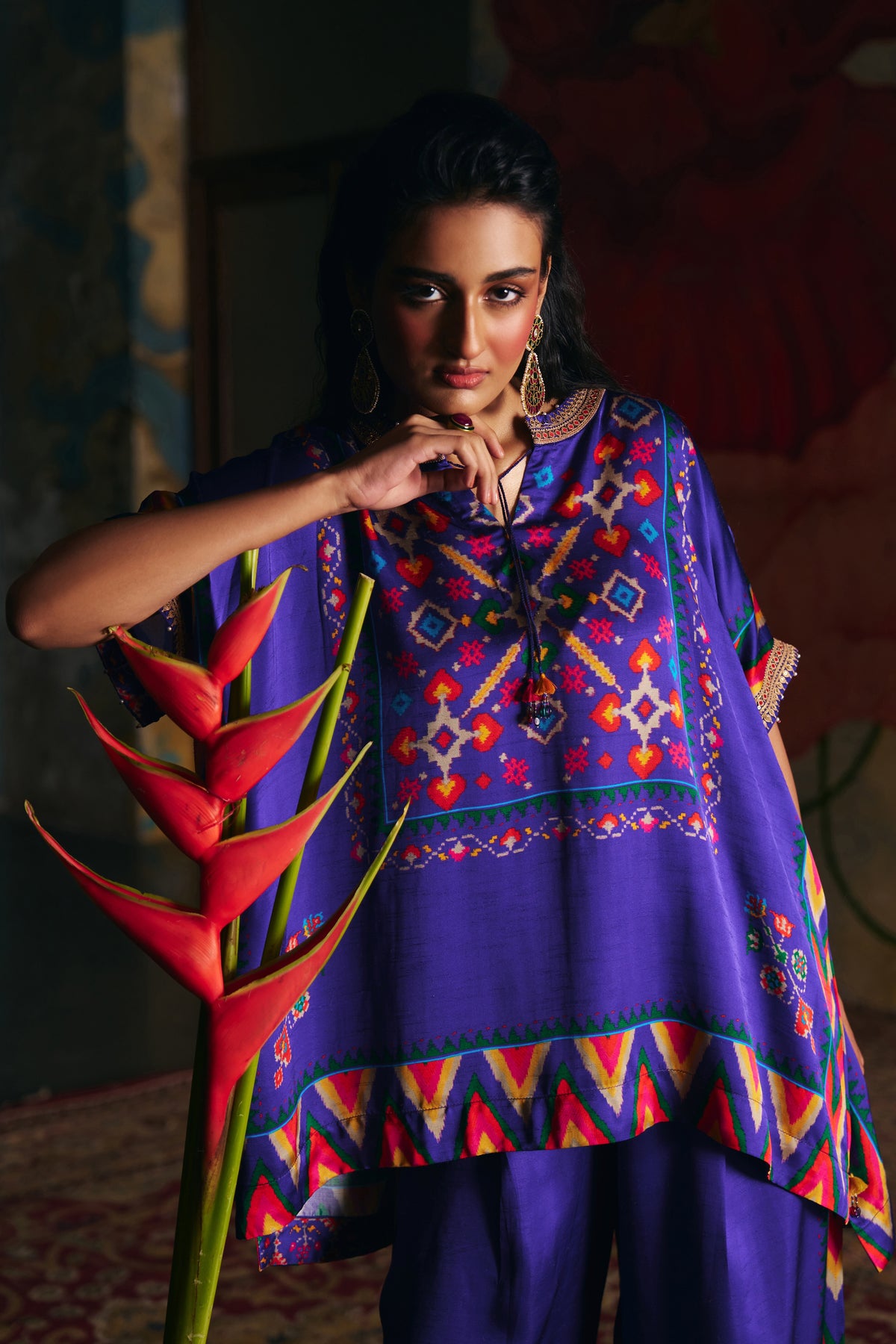Royal Blue Silk Kaftan Co-ord Set with Patola Print and Wide-Leg Pants - Mokshaa