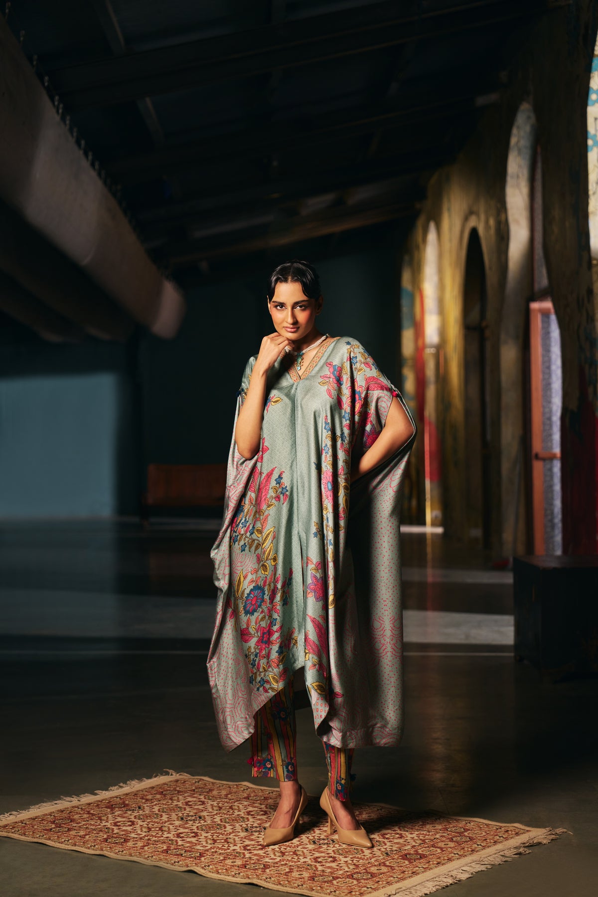 Sage Green Printed Silk Kaftan Set with Striped Trousers - Mokshaa
