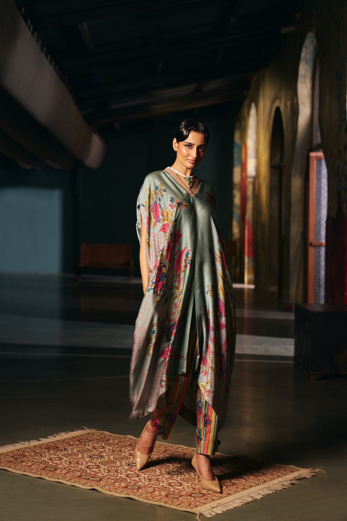 Sage Green Printed Silk Kaftan Set with Striped Trousers - Mokshaa