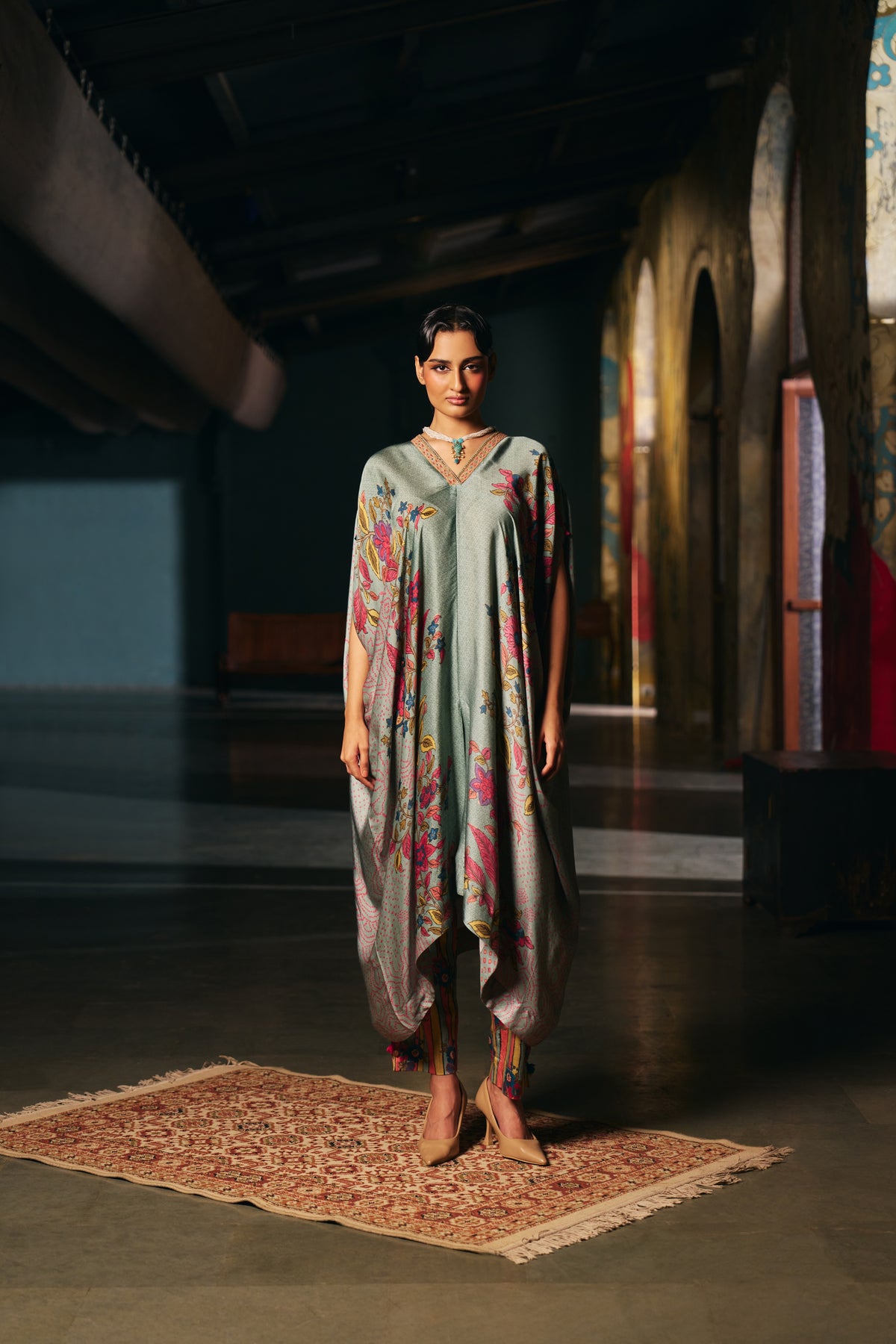 Sage Green Printed Silk Kaftan Set with Striped Trousers - Mokshaa