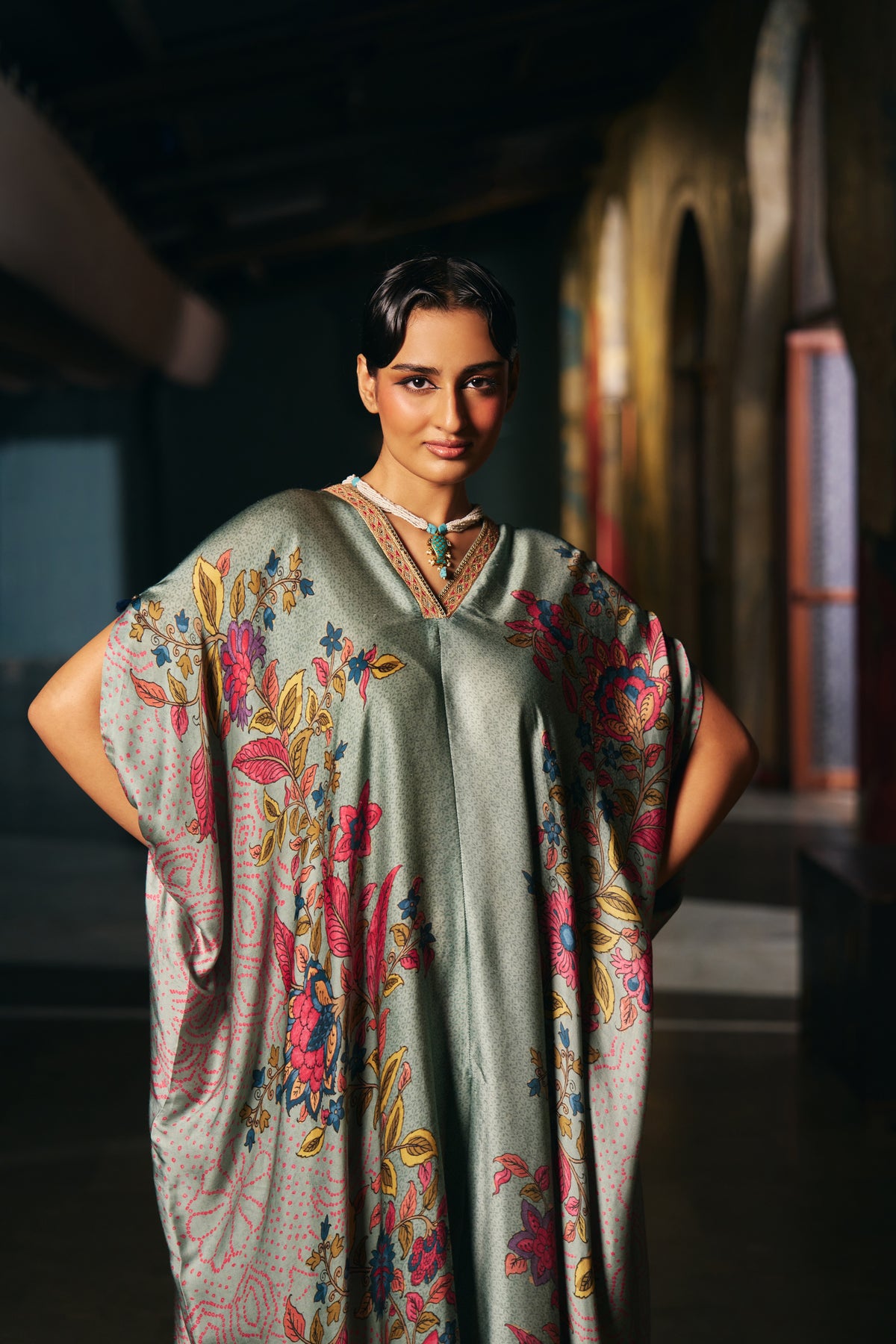 Sage Green Printed Silk Kaftan Set with Striped Trousers - Mokshaa