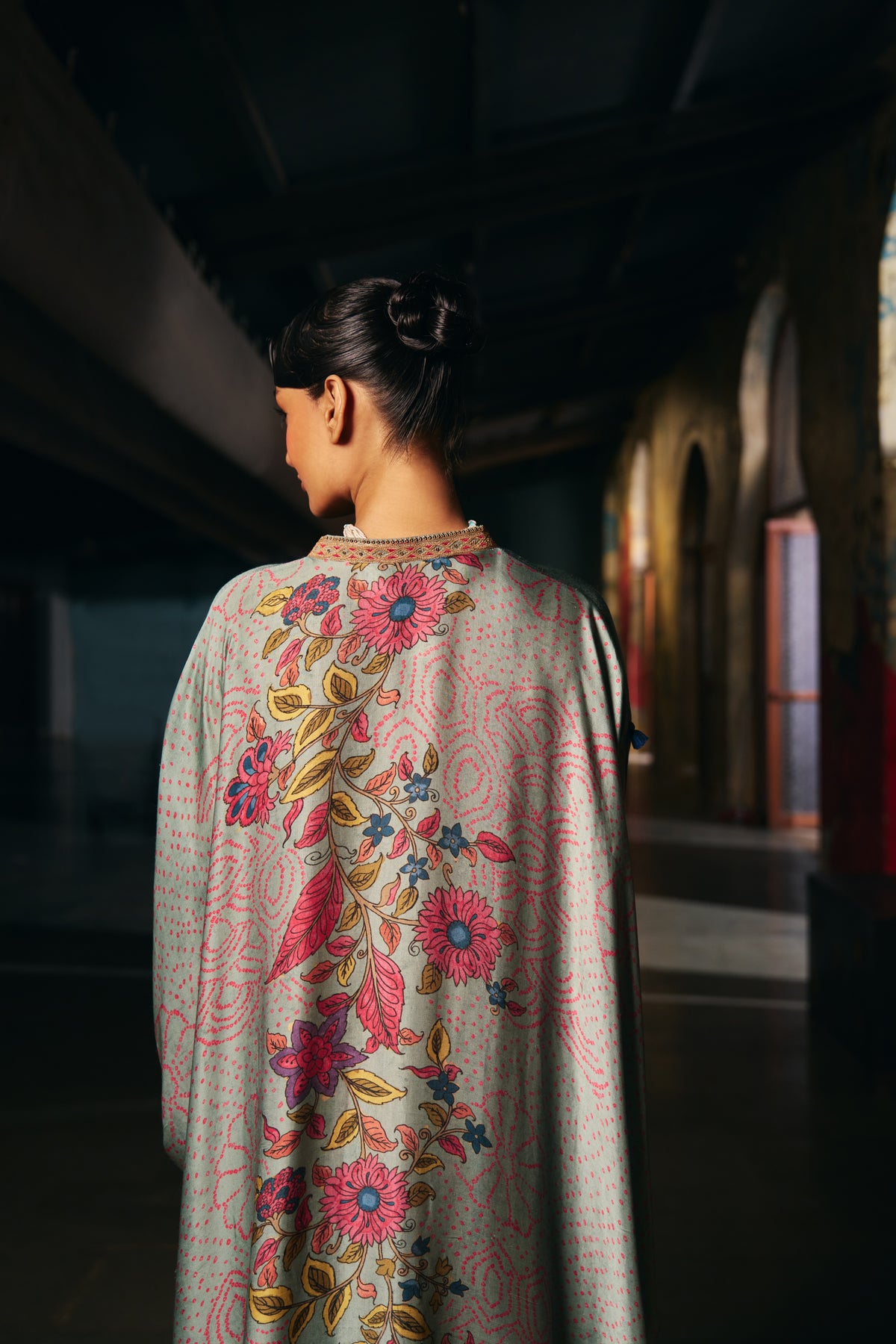 Sage Green Printed Silk Kaftan Set with Striped Trousers - Mokshaa