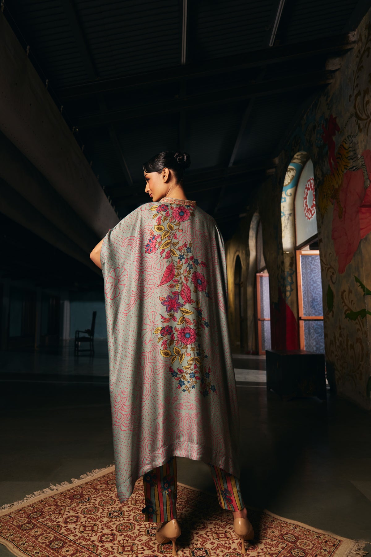 Sage Green Printed Silk Kaftan Set with Striped Trousers - Mokshaa
