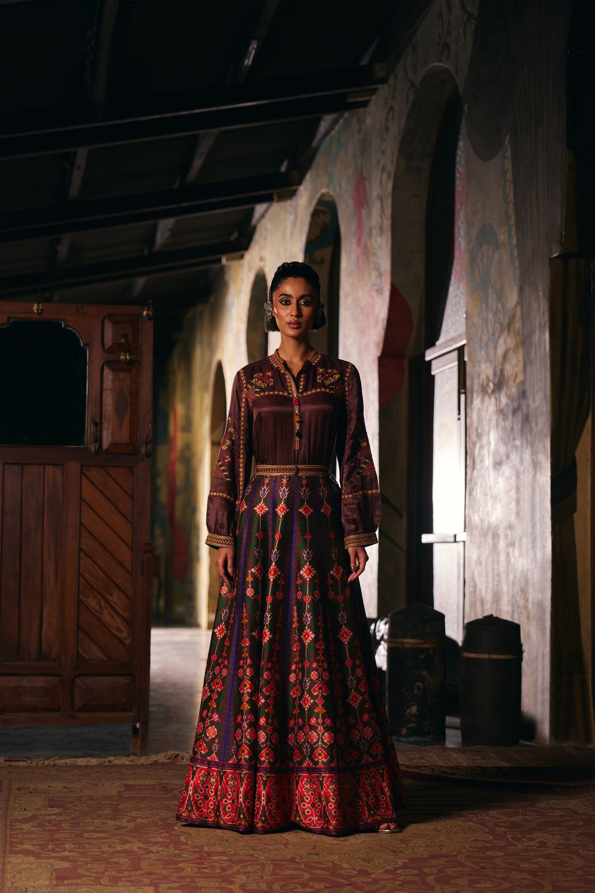 Chocolate Brown Silk Embroidered Shirt with Patola Print Flared Skirt - Mokshaa
