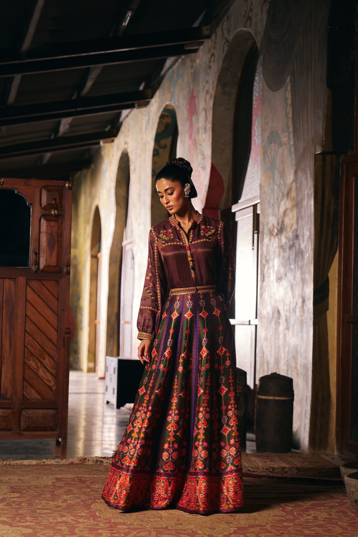 Chocolate Brown Silk Embroidered Shirt with Patola Print Flared Skirt - Mokshaa
