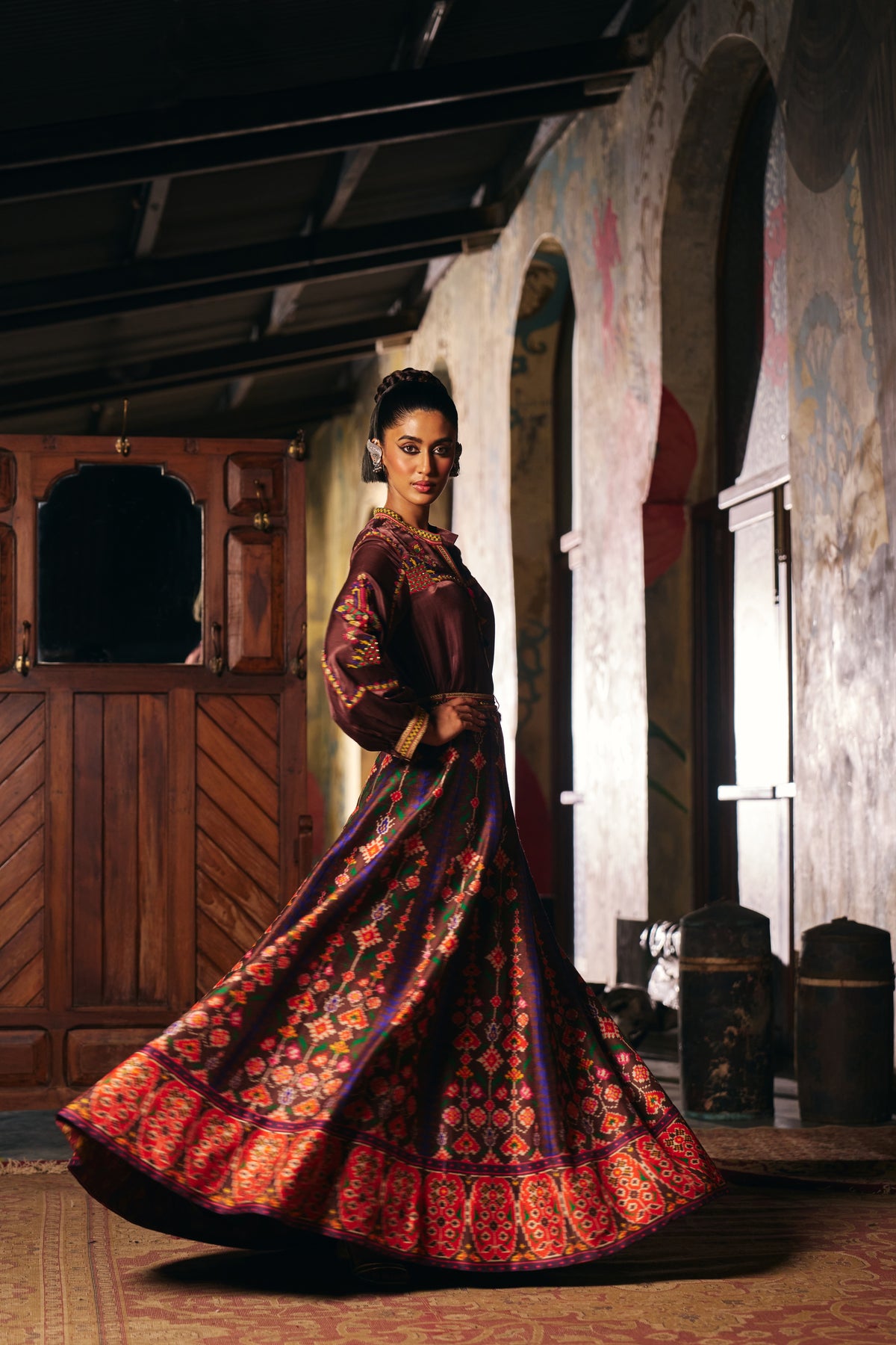 Chocolate Brown Silk Embroidered Shirt with Patola Print Flared Skirt - Mokshaa