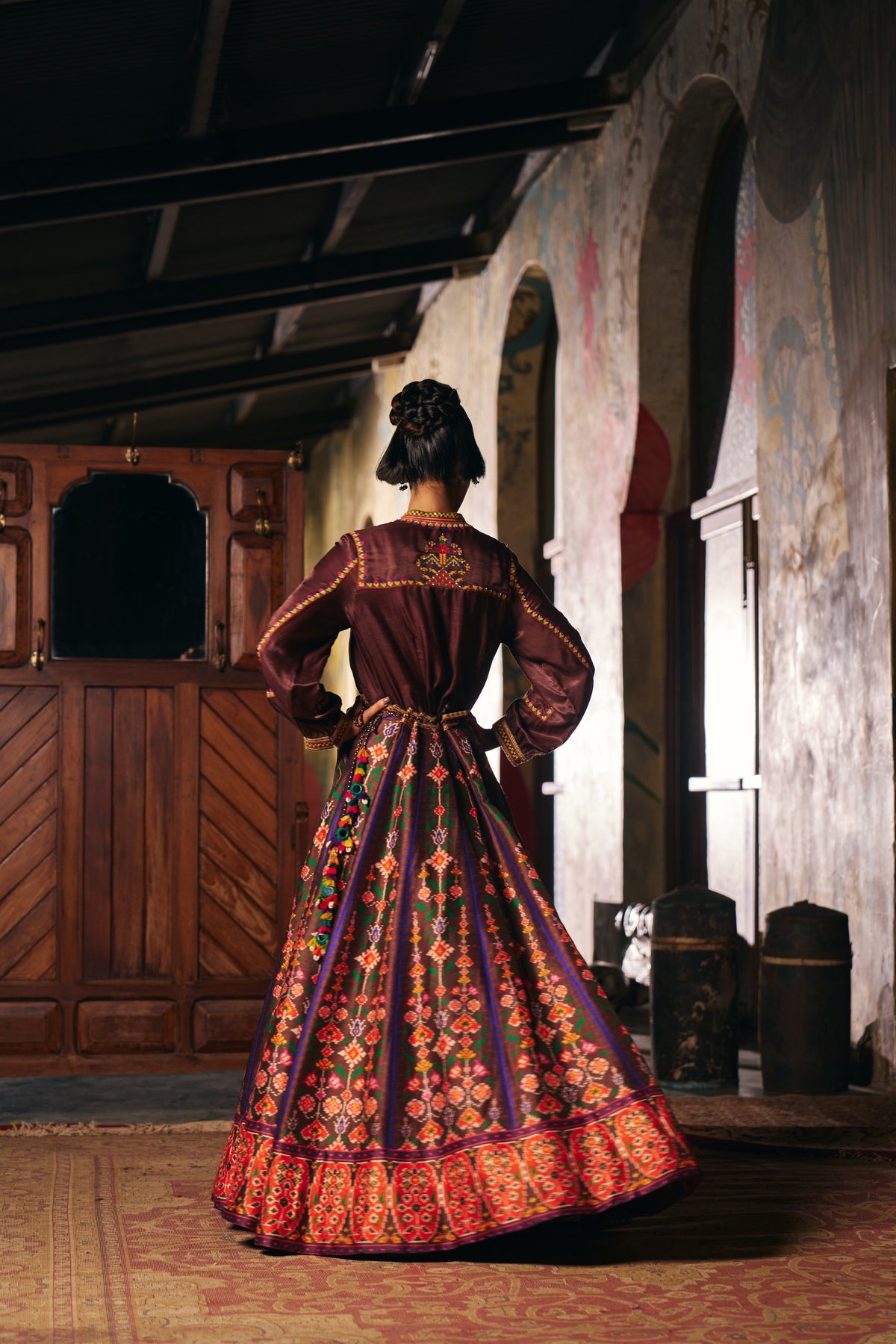 Chocolate Brown Silk Embroidered Shirt with Patola Print Flared Skirt - Mokshaa