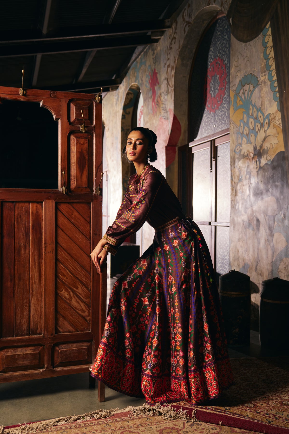 Chocolate Brown Silk Embroidered Shirt with Patola Print Flared Skirt - Mokshaa
