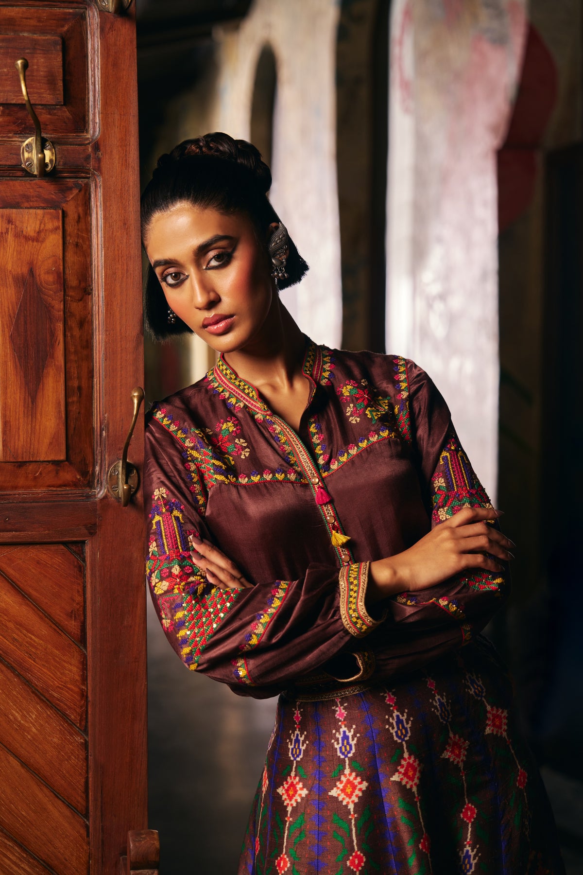 Chocolate Brown Silk Embroidered Shirt with Patola Print Flared Skirt - Mokshaa
