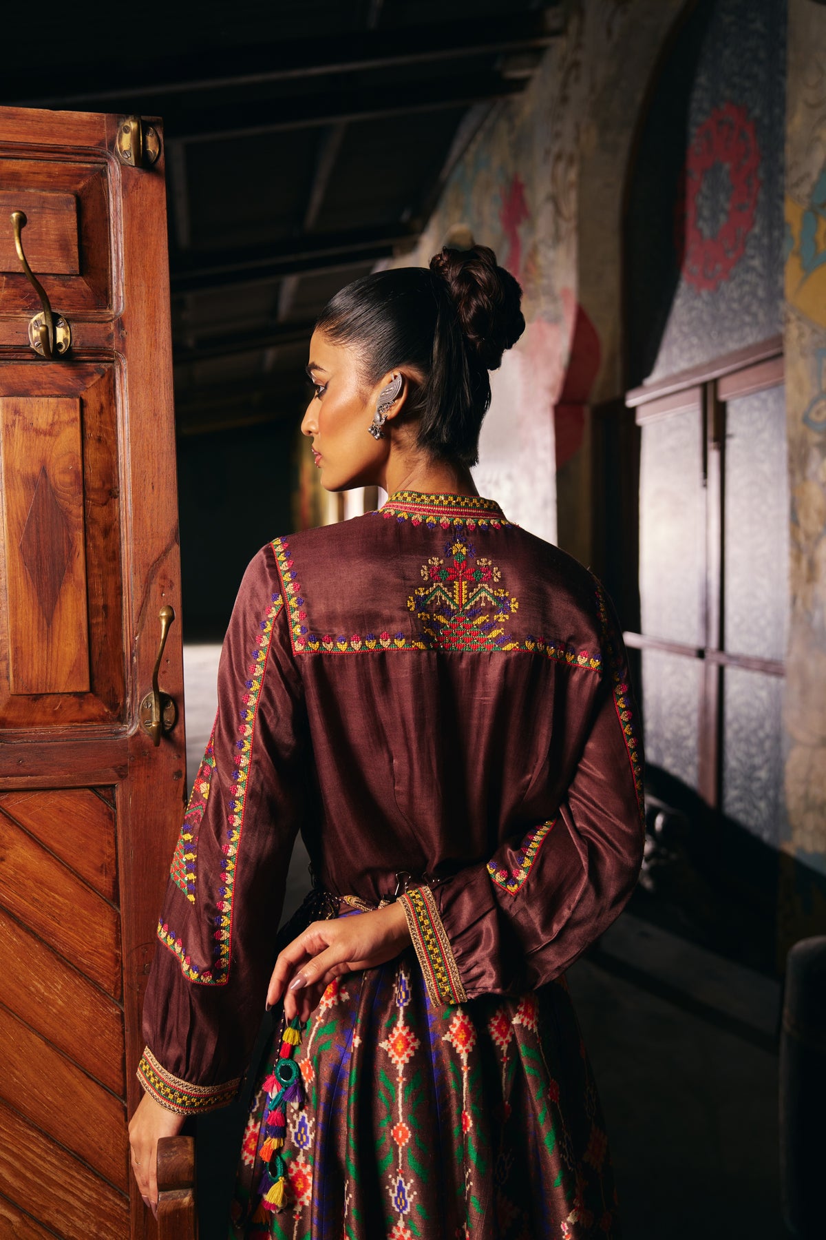 Chocolate Brown Silk Embroidered Shirt with Patola Print Flared Skirt - Mokshaa