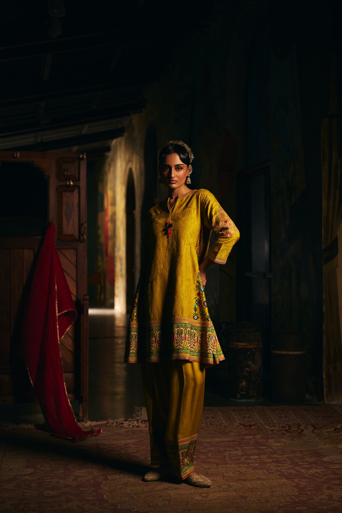 Mustard Gold Silk Kurta Set with Self Thread Work, Patola Print Panels and Salwar - Mokshaa