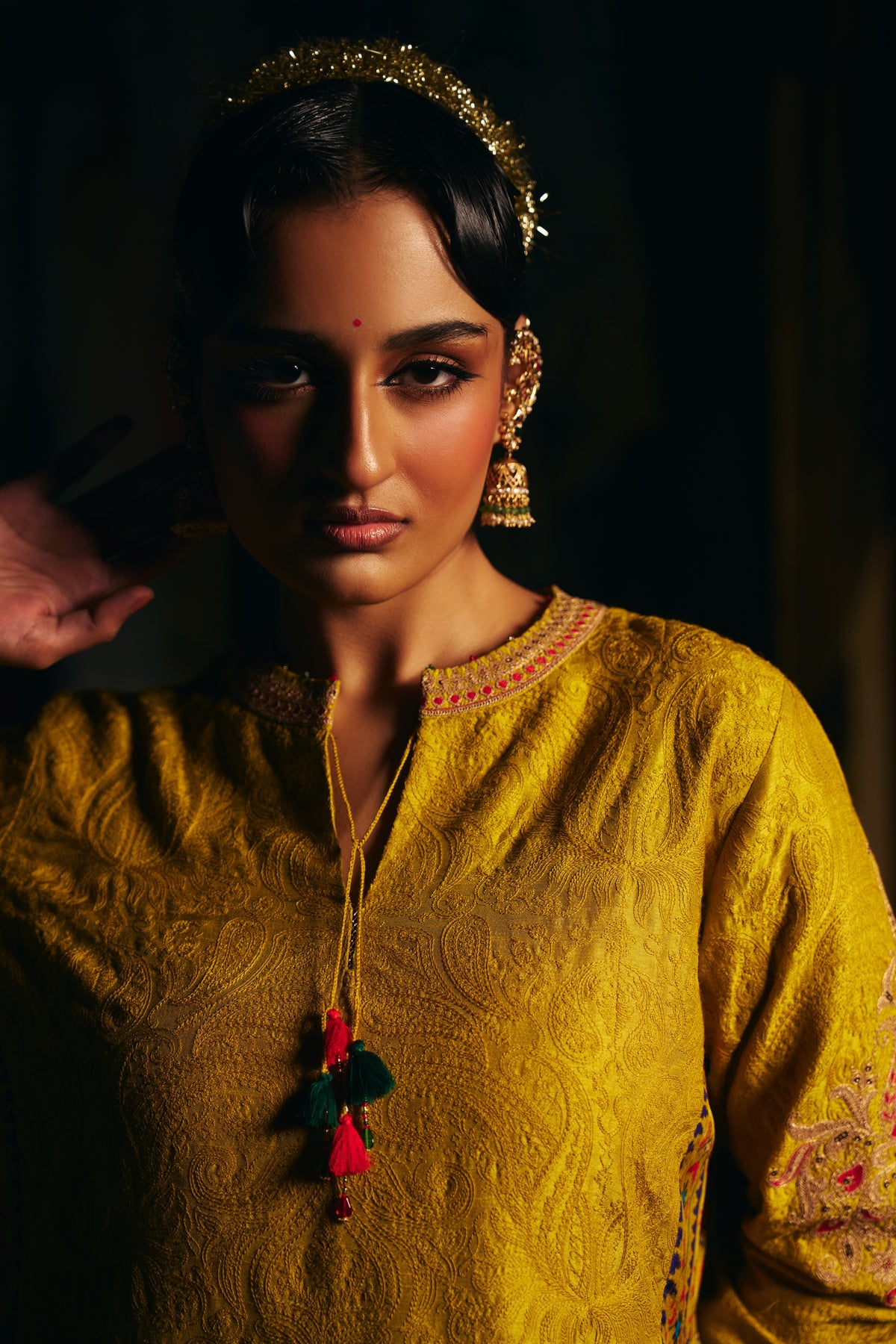 Mustard Gold Silk Kurta Set with Self Thread Work, Patola Print Panels and Salwar - Mokshaa
