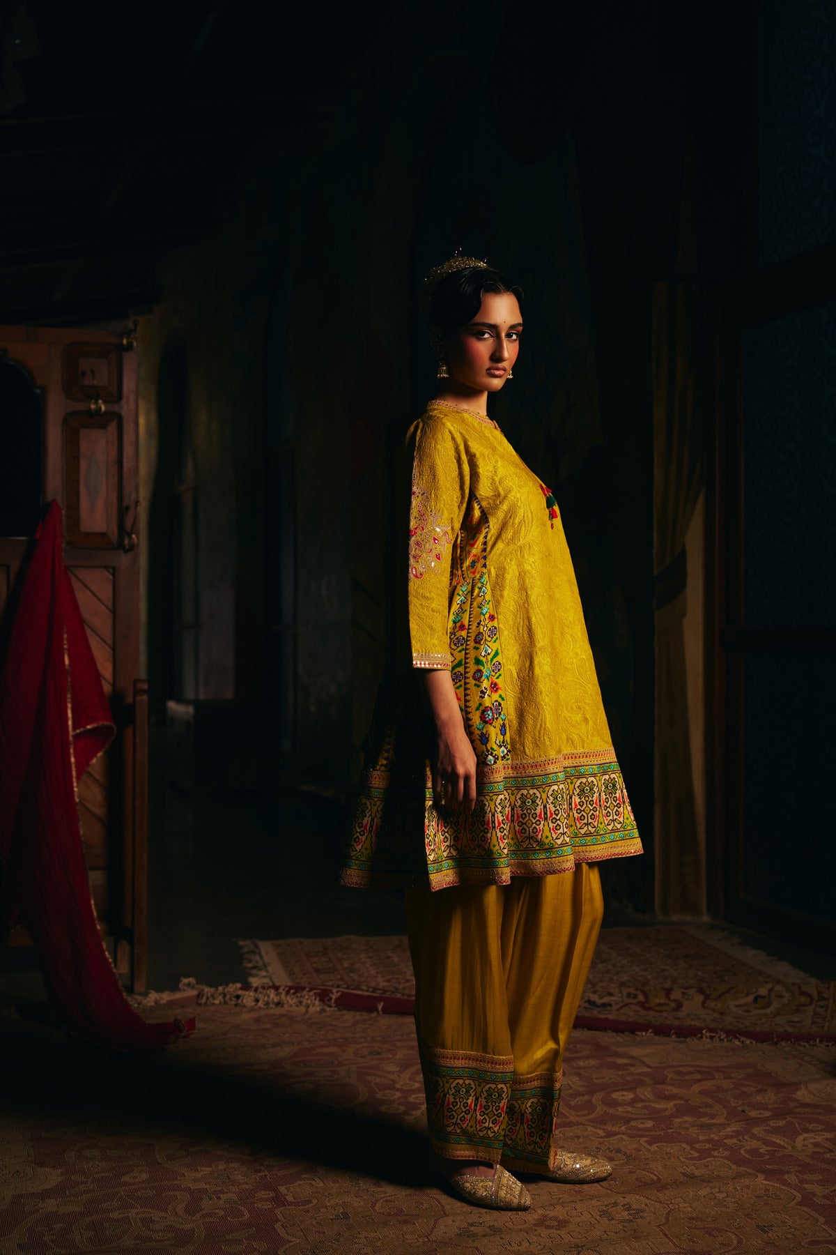 Mustard Gold Silk Kurta Set with Self Thread Work, Patola Print Panels and Salwar - Mokshaa