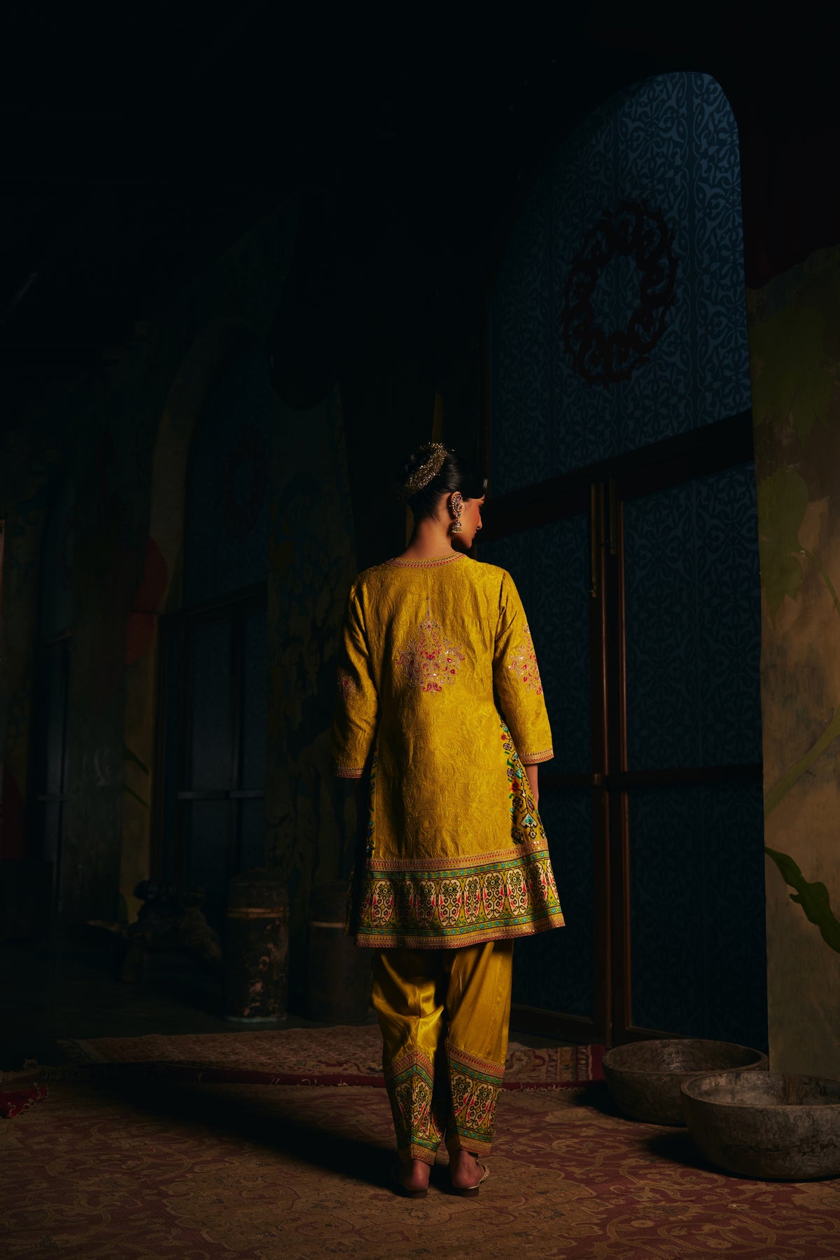 Mustard Gold Silk Kurta Set with Self Thread Work, Patola Print Panels and Salwar - Mokshaa