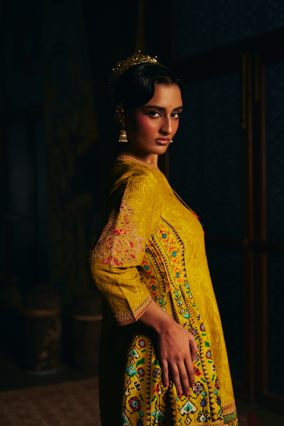 Mustard Gold Silk Kurta Set with Self Thread Work, Patola Print Panels and Salwar - Mokshaa
